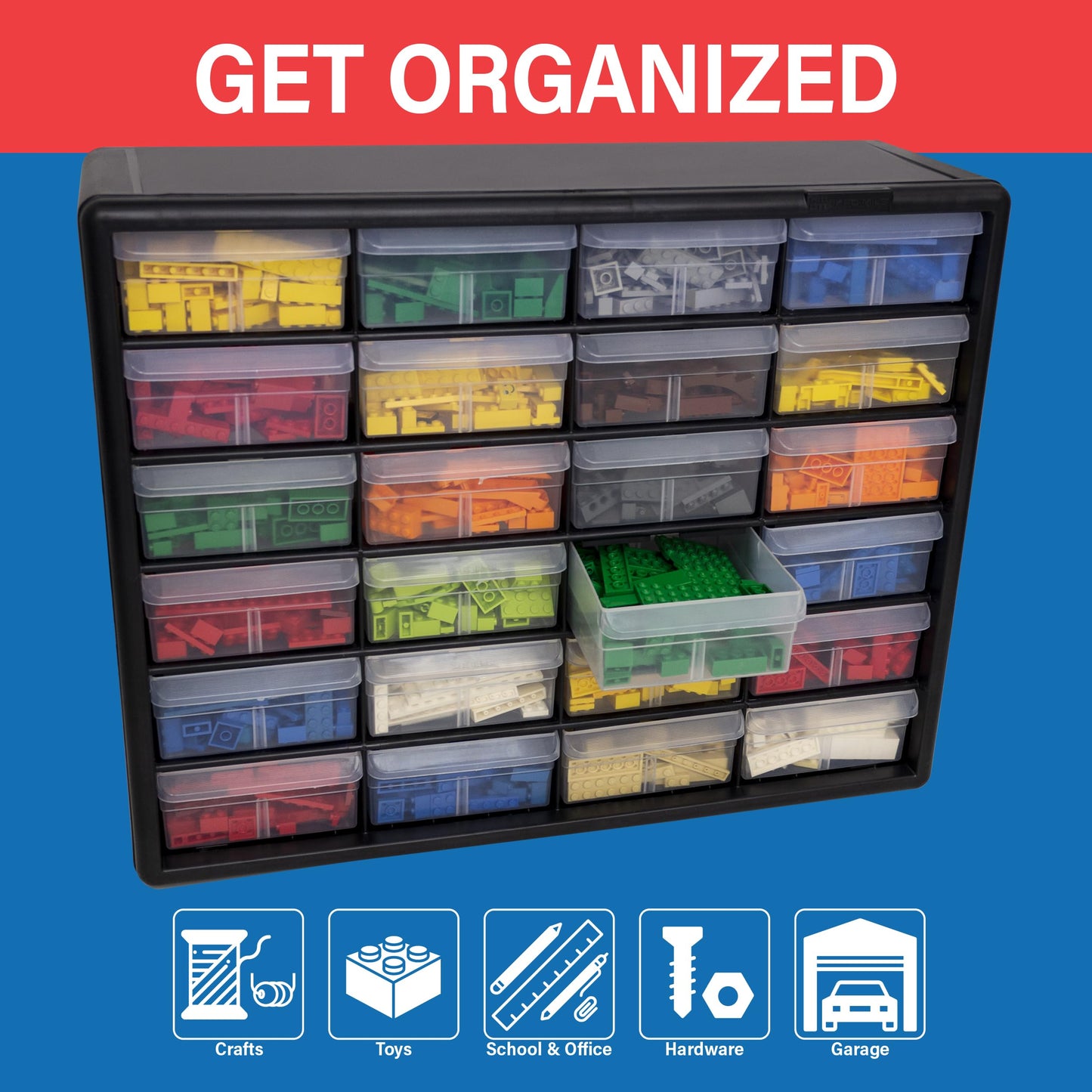 Akro-Mils 24-Drawer Plastic Drawer Storage Cabinet for Garage Organization, Bead Organizer, Building Bricks Storage, Teacher Toolbox, Makeup Organizer, 20" W x 6" D x 16" H, 10124 Black