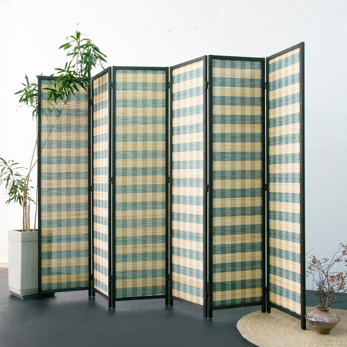 Furnnylane 6 Panel Bamboo Room Divider - 5.6 ft Tall (67" H x 94.5" W), Double-Sided Folding Privacy Screen in Blue Woven Stripe, No-Drill Freestanding Partition for Home Office & Bedroom