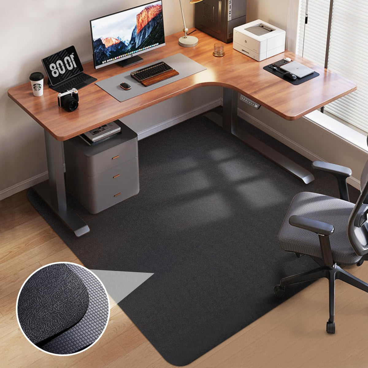 Office Chair Mat for Hardwood Floor: 53"x45" Large Black Rolling Chair Mat for Hard Wood and Tile Floor, Anti-Slip Heavy Duty Floor Protector Mat Under Computer Desk, Easy Glide Chair Mats for Home