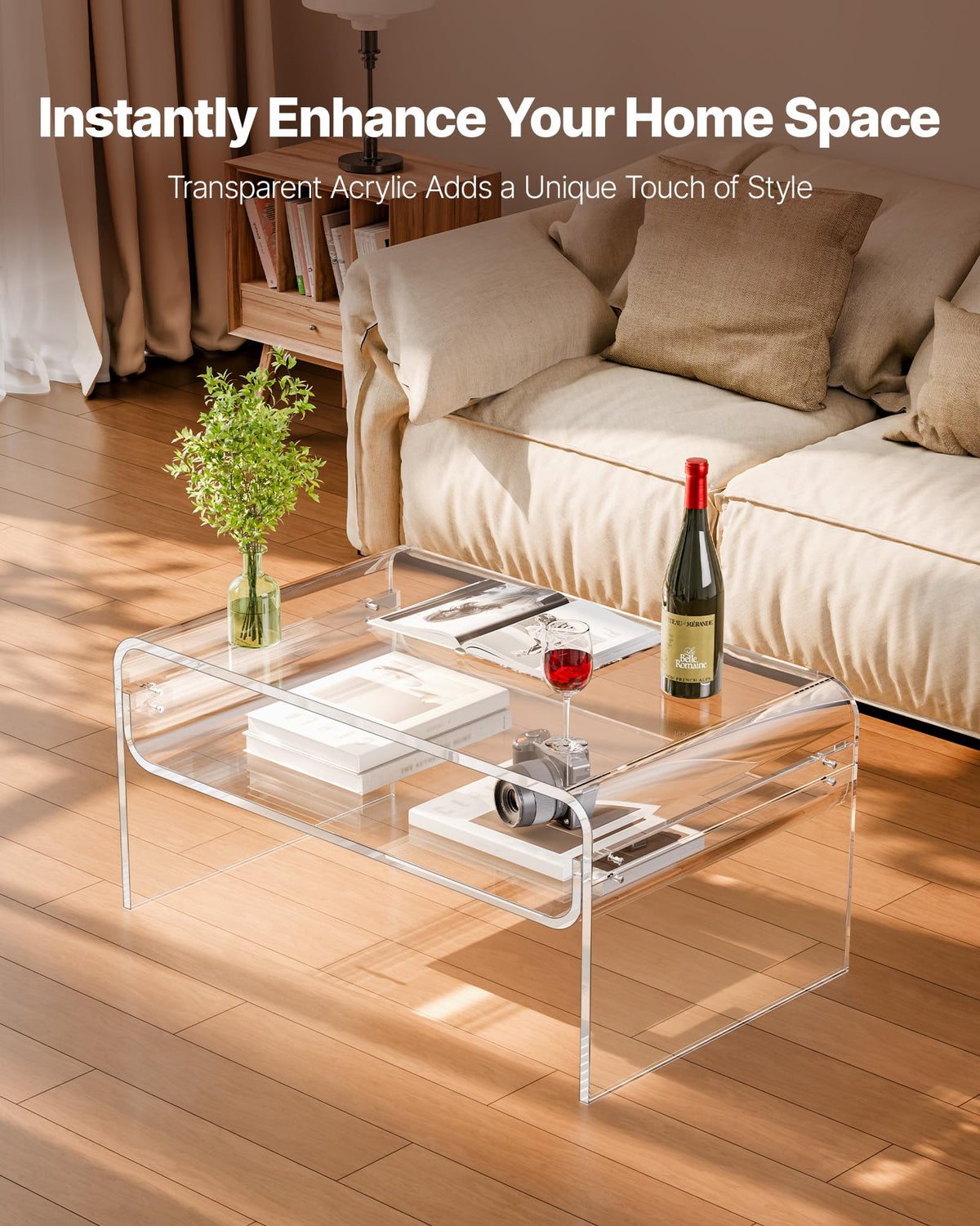 VEVOR Acrylic Coffee Table, Modern Waterfall Center Table with Open Storage Shelf, Clear Rectangle Lucite Desk for Living Room, Office Reception, 31.5" W x 19.7" D x 15" H, Large
