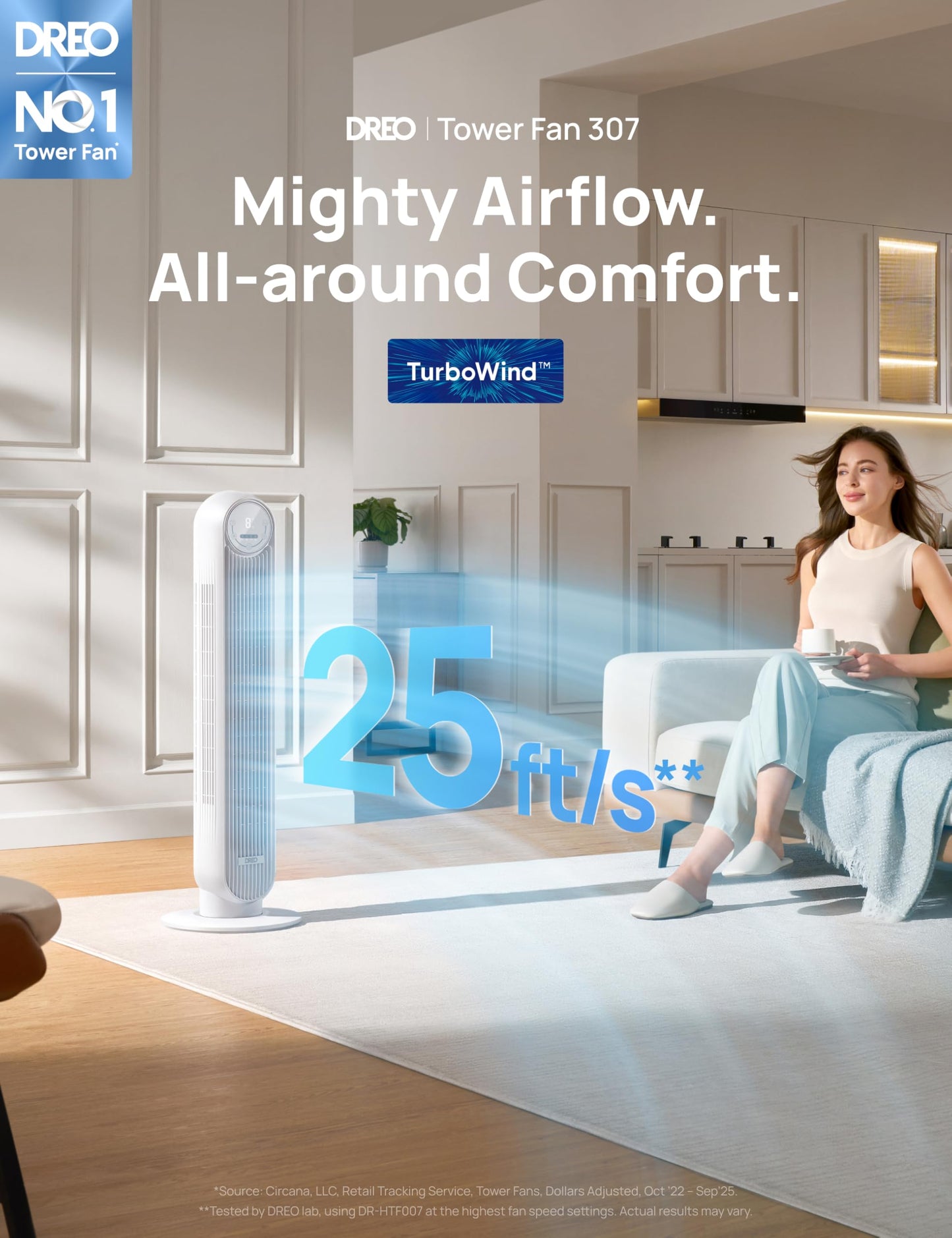 DREO Tower Fan for Bedroom, 25ft/s Velocity Quiet Floor Fan, 90° Oscillating Fans for Indoors with 4 Speeds, 4 Modes, 8H Timer, Standing Fans, Bladeless Fan, White (DR-HTF007)