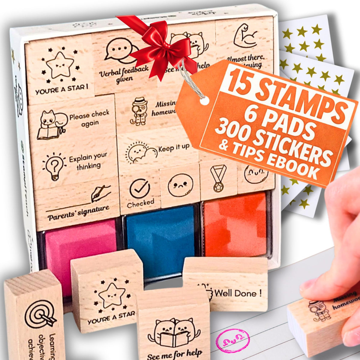 Teacher Stamps for Classroom Grading – Grading Stamp Set with Ink Pads & Stickers – Cute, Clear, Durable Feedback Stamps for Teachers – School Supplies for Elementary & ESL – Teacher Stationery