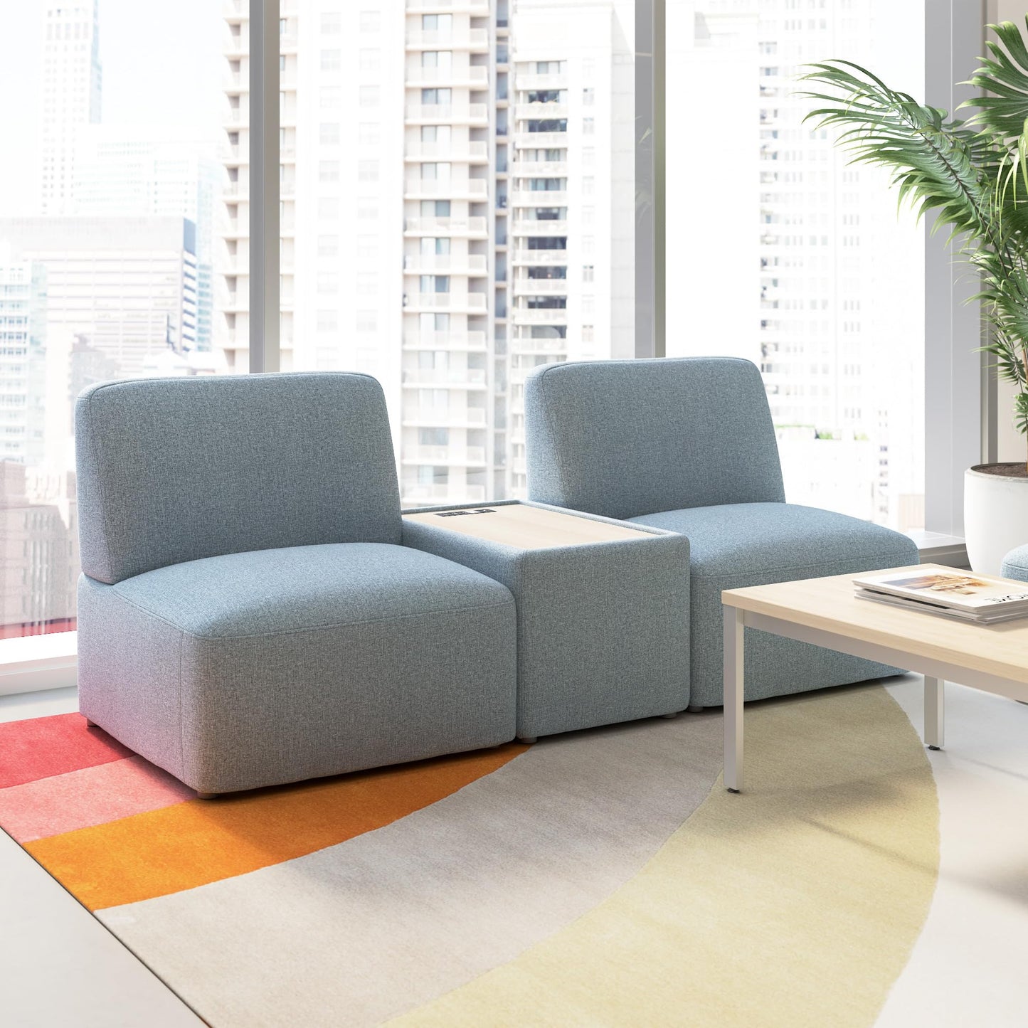 Bush Business Furniture Modular 2 Seater Sectional with Charging Station, Guest Seating for Lobby or Reception Area, Assemble Collection, Mist Fabric