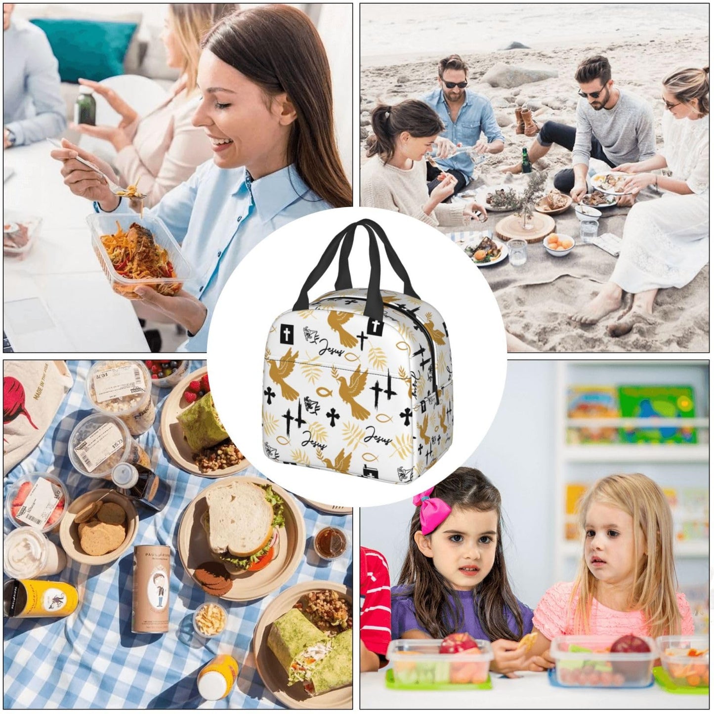 Jesus Cross Insulated Lunch Box Reusable Lunch Bag, Cooler Lunch Tote Bag for Women Men Picnic Office Work