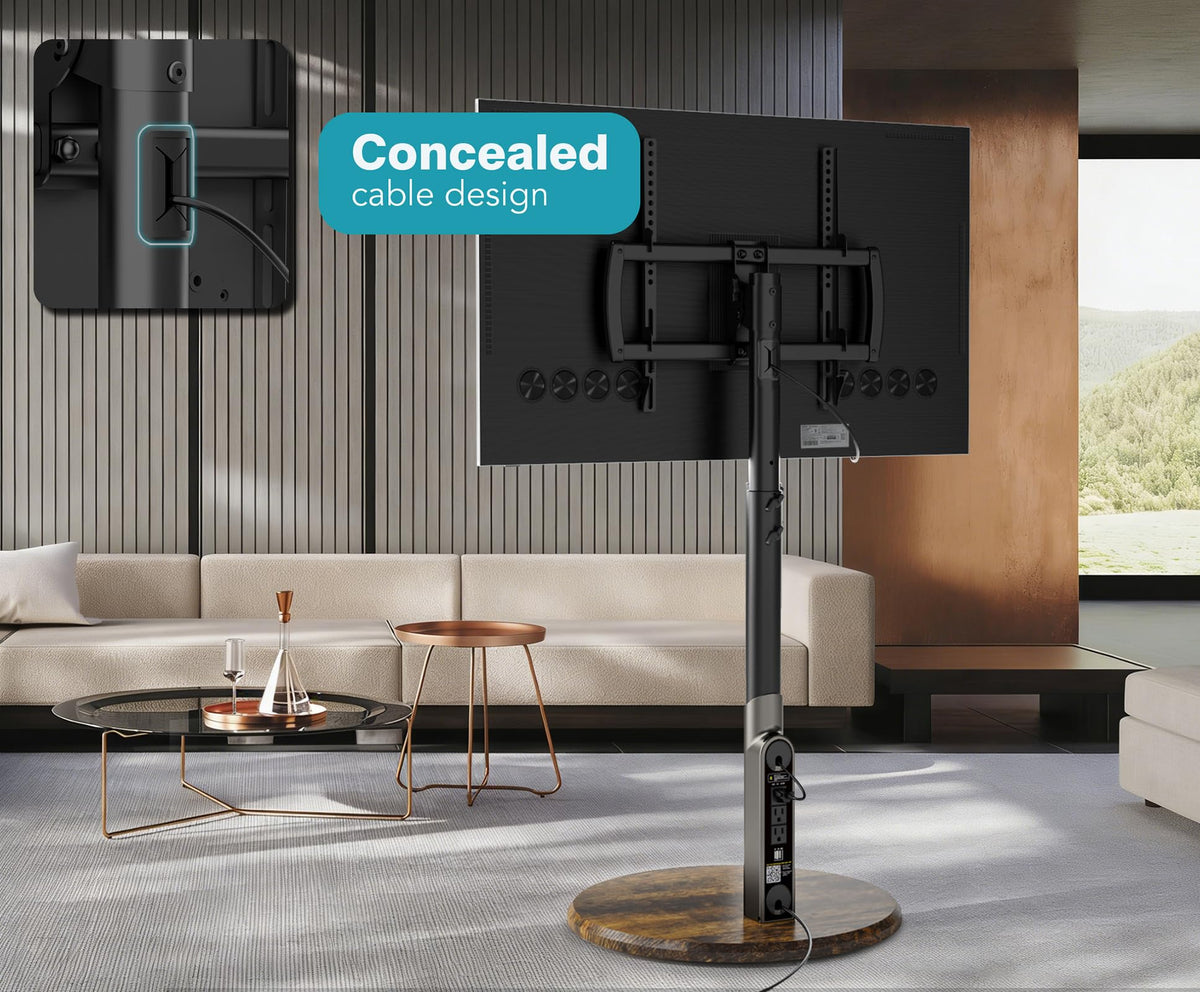 LLDEPLL Mobile TV Stand with Power Outlet, Rolling TV Cart for 27-65 Inch OLED LED Monitors, 6 Levels of Height Adjustment, Ambient RGB Lighting on The Bottom Wheels Holds up to 88lbs
