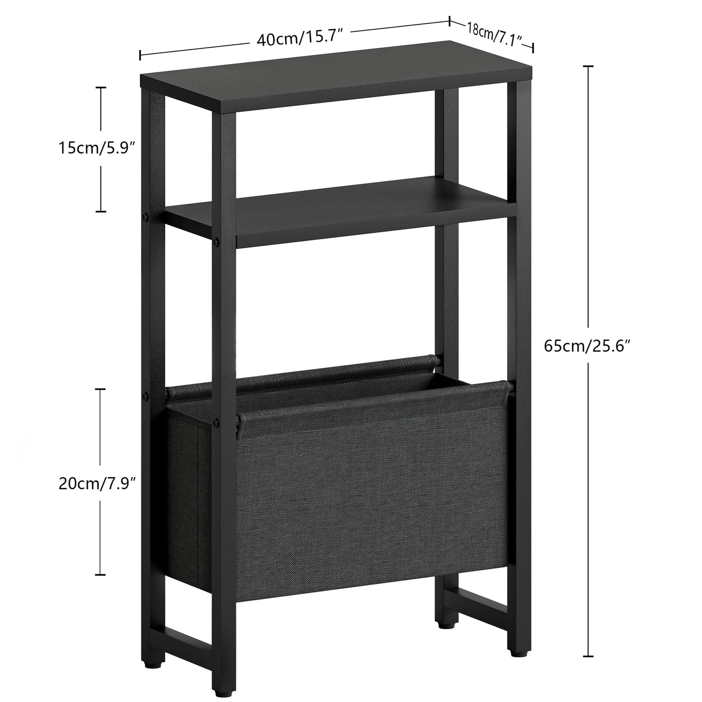 IRCPEN Narrow Side Table, Slim End Table with Magazine Rack, Bedside Table for Small Spaces, 3 Tier Sofa Couch Table Nightstand for Living Room, Bedroom Black LET503B