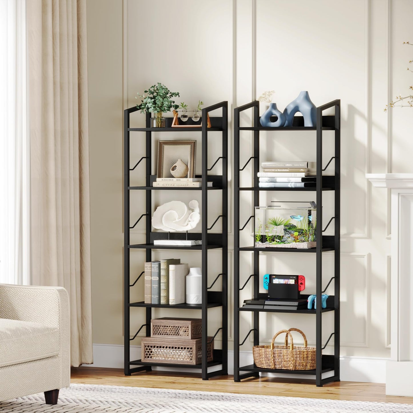 Hosfais 5 Tier Tall Bookshelf: Industrial Wood Book Shelf with Edge Protection Metal Narrow Bookshelf Bookcase Storage Organizer Display Rack for Living Room Home Office (Black)