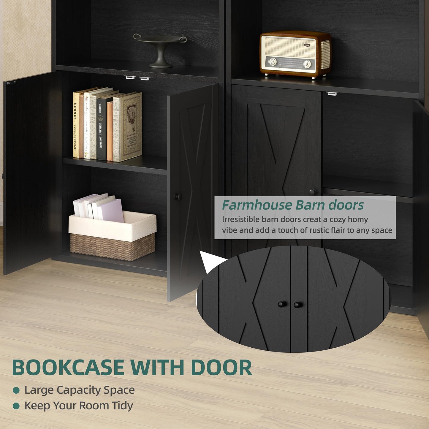 Modern Bookshelf with Doors, Industrial Bookshelves with 6-Tier Shelf, 71 inches Tall Bookcase Display Cabinet with Storage for Home Office, Black