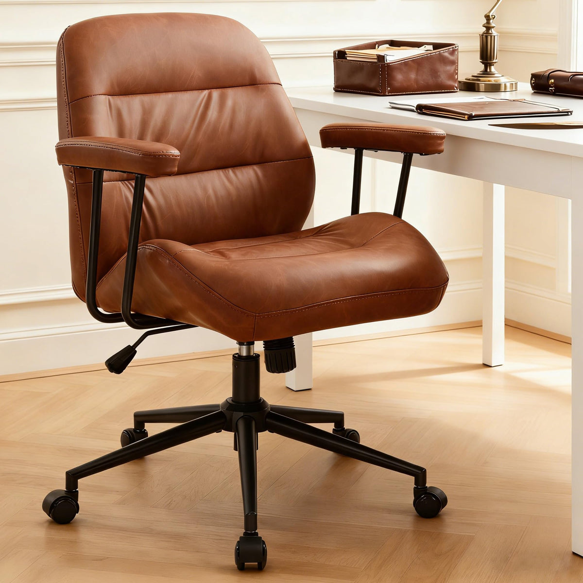 IWMH Leather Office Chair with Removable Armrests，Mid-Back Ergonomic Desk Chair with Lumbar Support，Adjustable Height 360° Swivel Executive Task Chairs for Home Office (Brown)