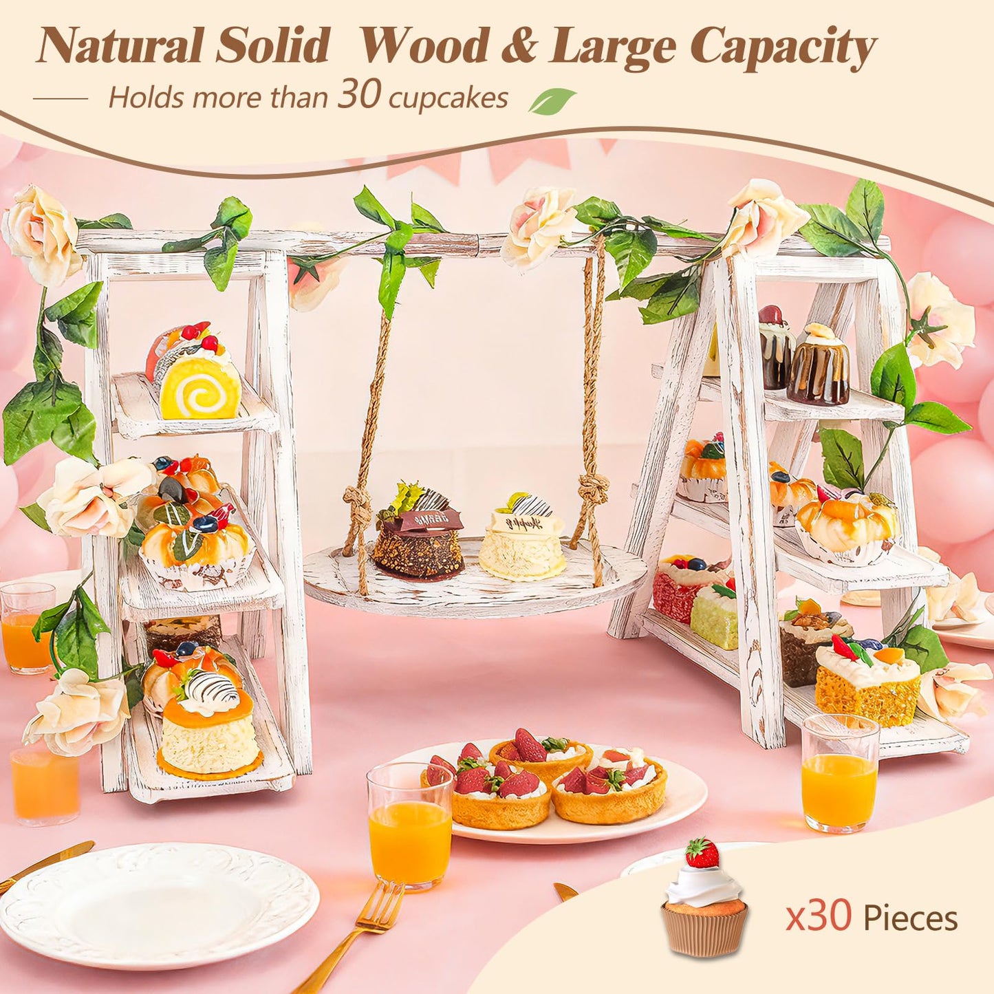 Wisreach Wooden 3 Tier Cupcake Stand with Swing and Flower Decoration Serving Removable Tray Display Serving Ladder Foldable Stand with Serving Platter Tray Party Food Display Set for Cake Snack Fruit Chips Bread Centerpieces Catering
