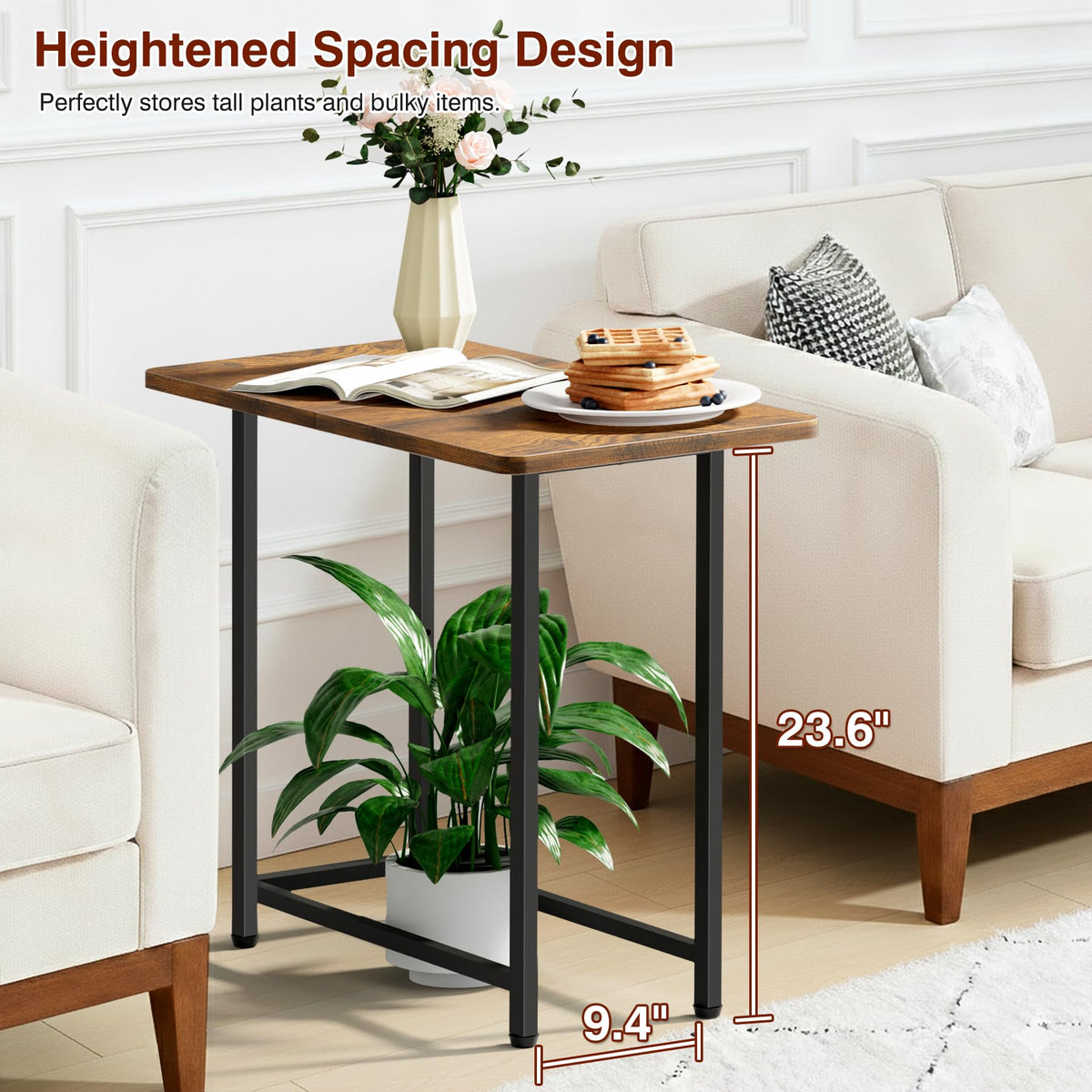 MISSLO Narrow End Table Living Room with Large Tabletop, Sofa Couch Side Table Bedroom Slim Nightstand for Small Space, Rustic Brown