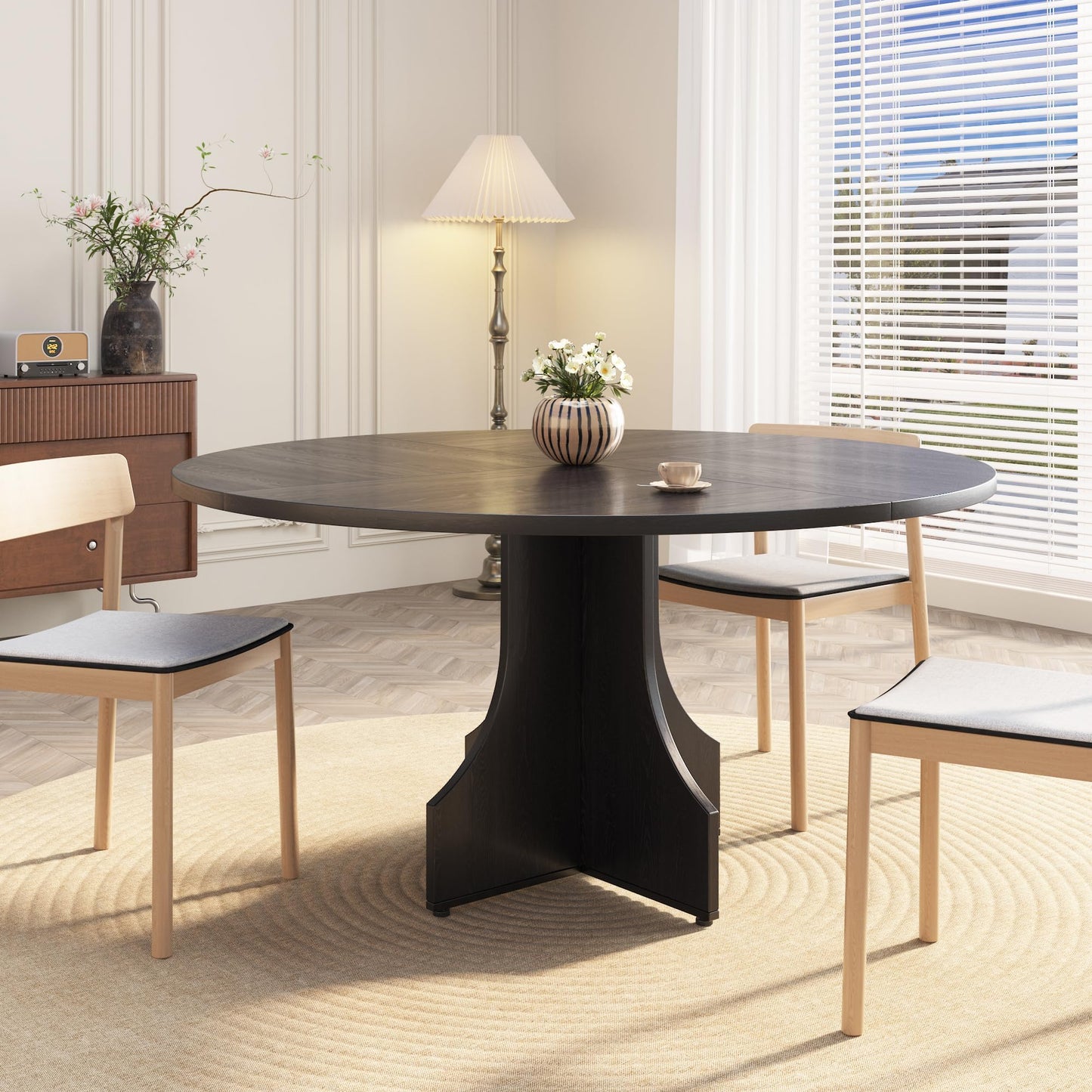 Round Dining Table 47 Inch for 4-6 People, 0.98 Inch Thick Tabletop with Adjustable Feet, Sturdy Legs, Easy to Clean & Assemble, Modern Kitchen Dining Room Table for Small Space Apartment, Black