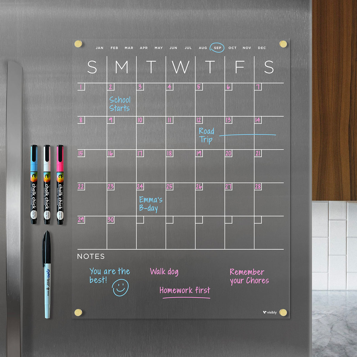Visibly Magnetic Acrylic Month & Notes Calendar for Fridge, 14” x 18” Clear Refrigerator Planning Board, Includes 4 Magnetic Wet-Erase Markers, Gold Corner Magnets