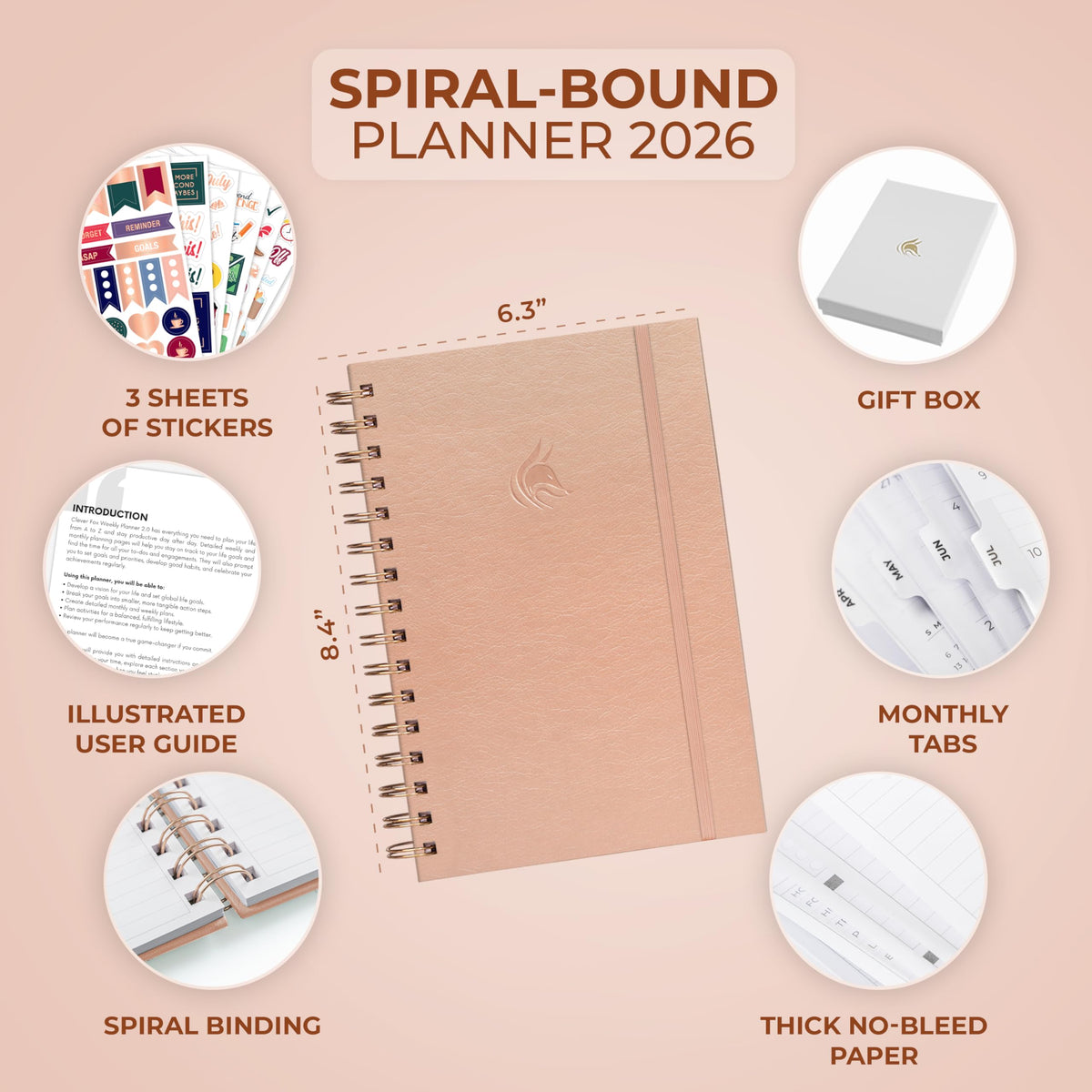 Clever Fox Dated Planner with Tabs 2026 – Weekly & Monthly Spiral Planner with Habit Tracker for Goal Setting & Time Management (Rose Gold)