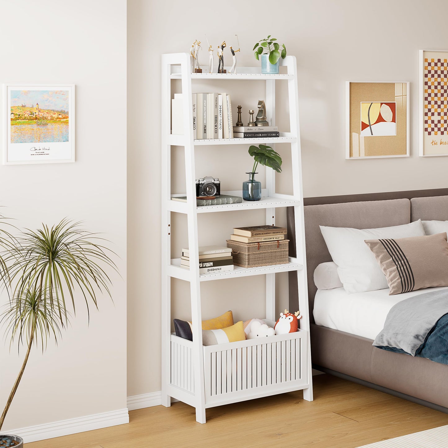 Bamjoy Bamboo White Bookshelf with Slatted Basket, Ladder Bookcase with 4 Display Shelves and 1 Open Storage Basket, Multifunctional Storage Rack Organizer for Home Office, Bedroom, Living Room, 66” H