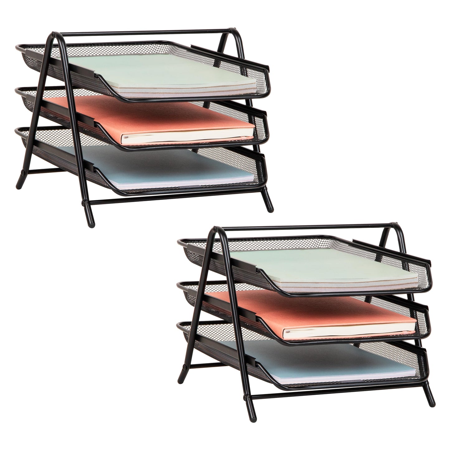 Mind Reader 3-Tier Paper Tray, Desktop Organizer, File Storage, Office, Metal Mesh, 11.75" L x 13.75" W x 10" H, Set of 2, Black