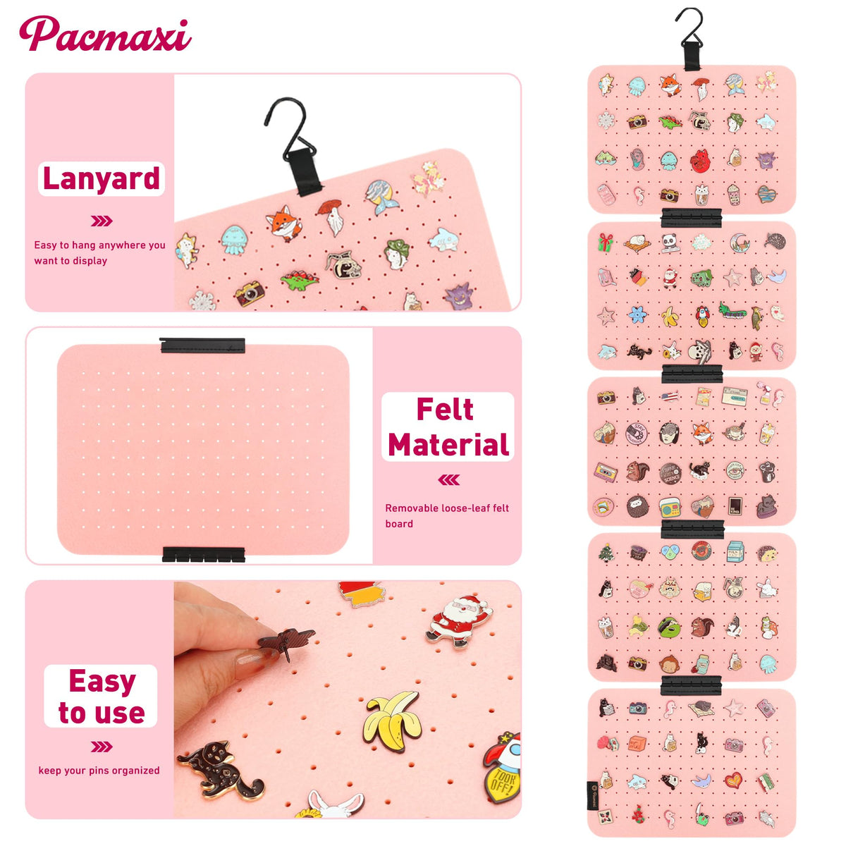 PACMAXI Hanging Enamel Lapel Pin Display Panels Organizer With 5 Loose-leaf Board Pieces, Brooch Pin Enamel Pin Display Pages, Badge Collection Display Holder Holds At Least 120 Pins. (Pink)