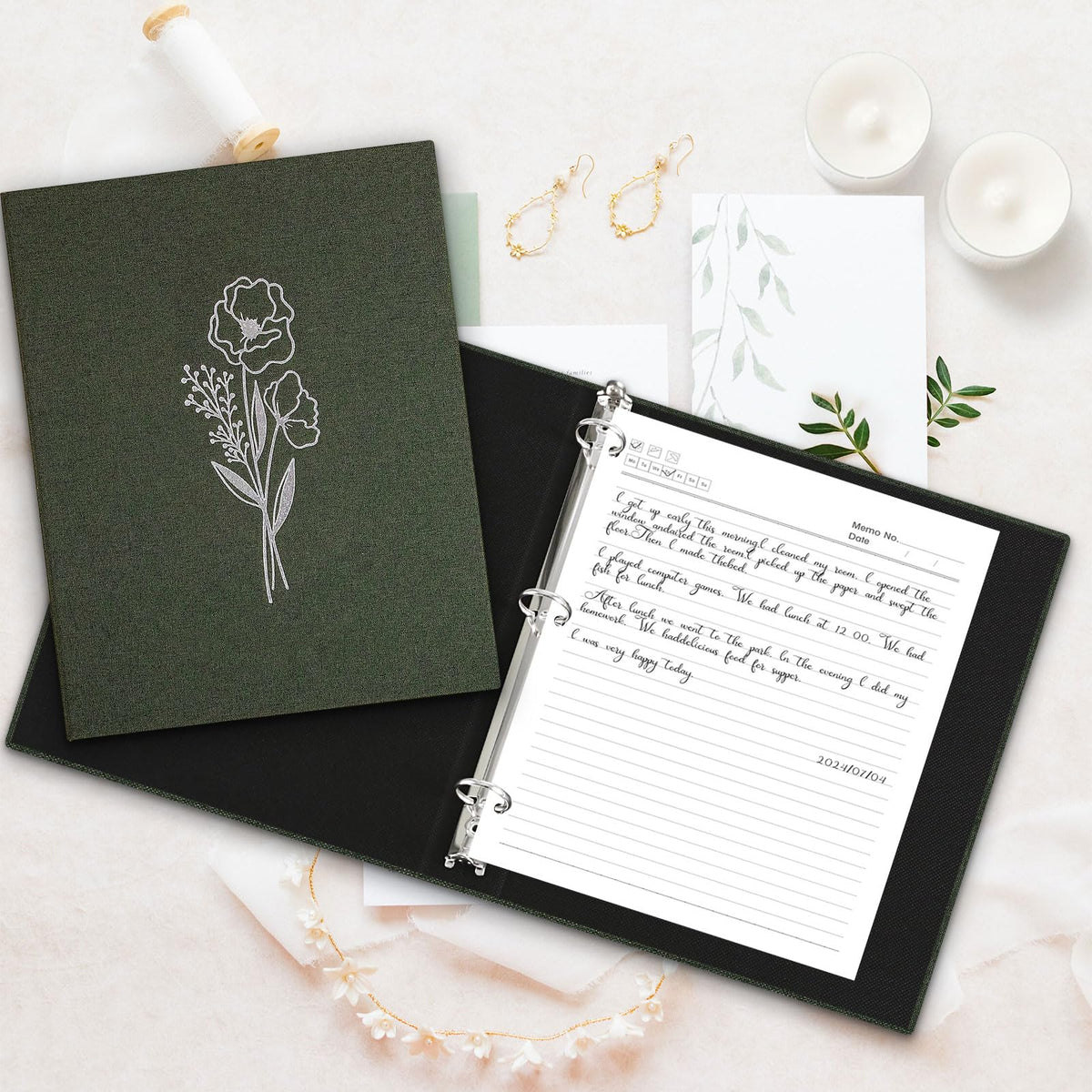 Lanpn Aesthetic Letter Size A4 3 Ring Binder 2 Packs, Linen Hardcover 1 inch Round Rings Folder Holder Planner Fits 8.5" x 11" Paper for Office School Journaling Collections (Green)