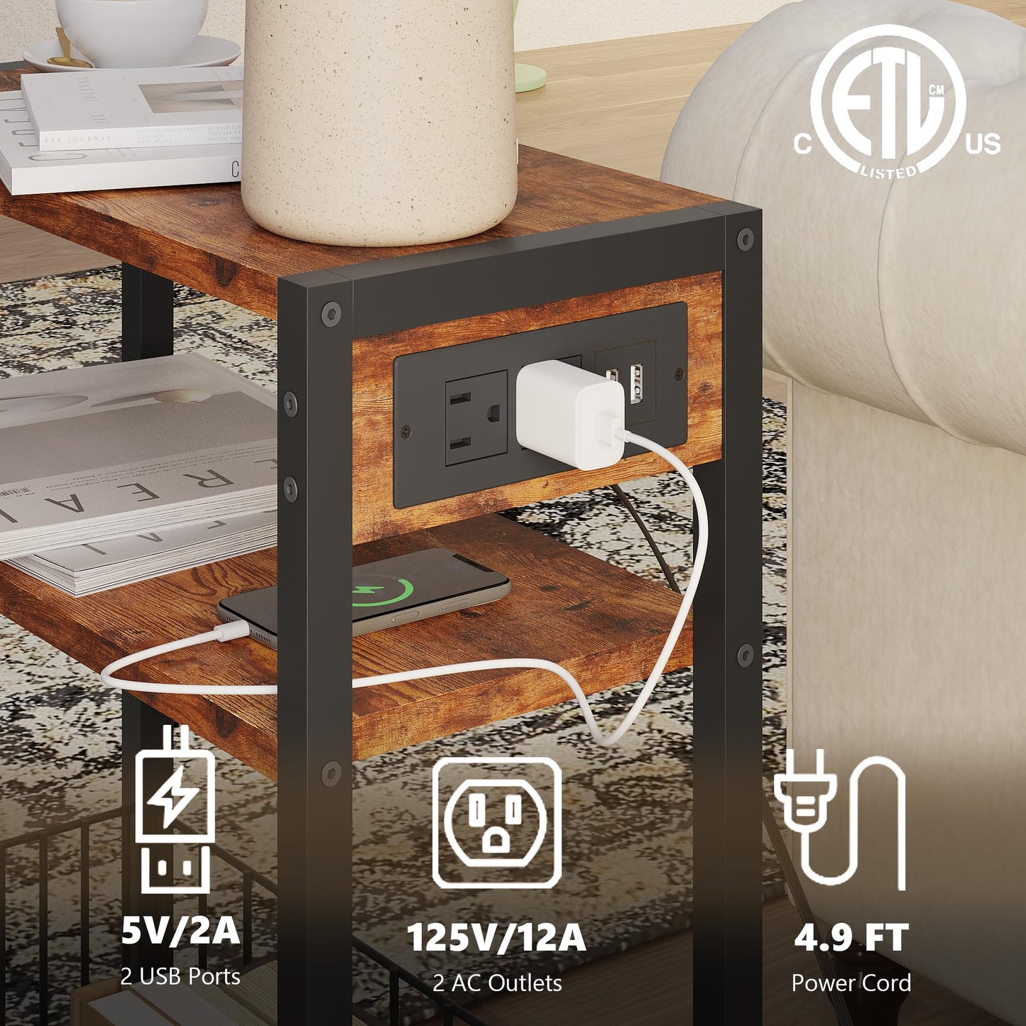 TRIFEBLE Narrow Side Table with Charging Station, Small End Table for Small Spaces, Slim Nightstand with Storage Basket, 3 Tier Skinny Bedside Table for Living Room, Bedroom, Rustic Brown