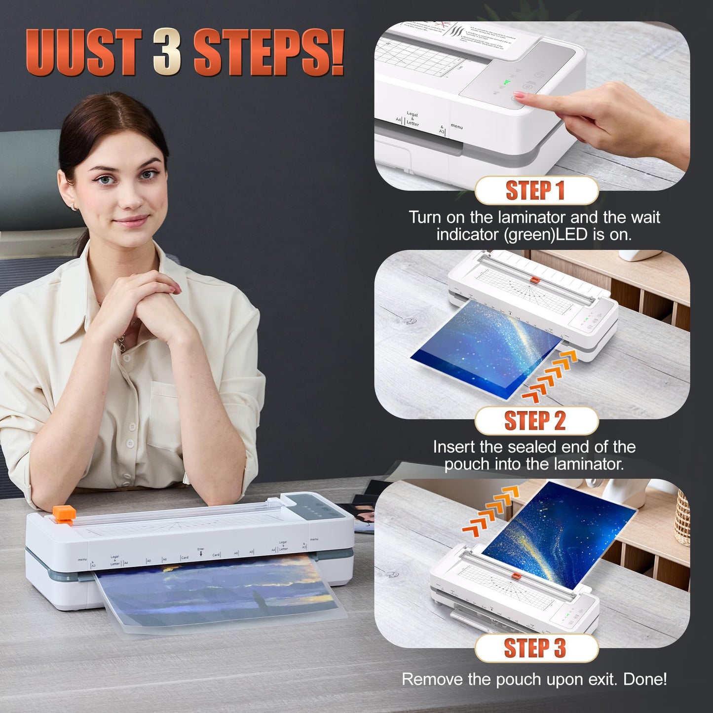 Commercial Laminator Machine 13 Inch 4-Roller, 55s Fast Warm-Up Never-Jam Lamination Machine, 3-10 Mil Thickness, Supports 11x17 & A3 Document Laminating, Includes 30 Laminating Sheets White