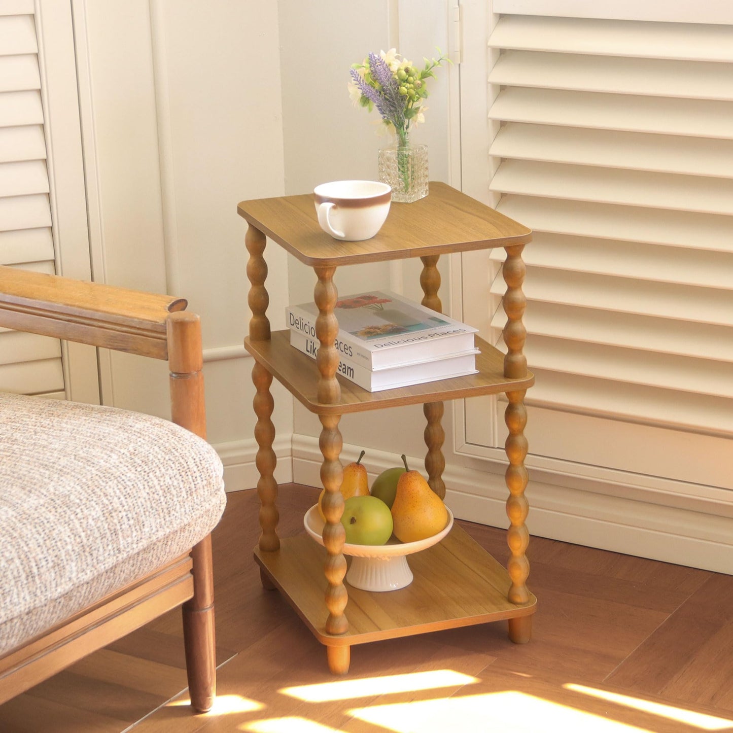 Fultyle End Table, Small Side Table with 3 Tier Open Shelf, Modern NightStand Accent Table for Small Spaces, Living Room and Office (Caramel Tan)