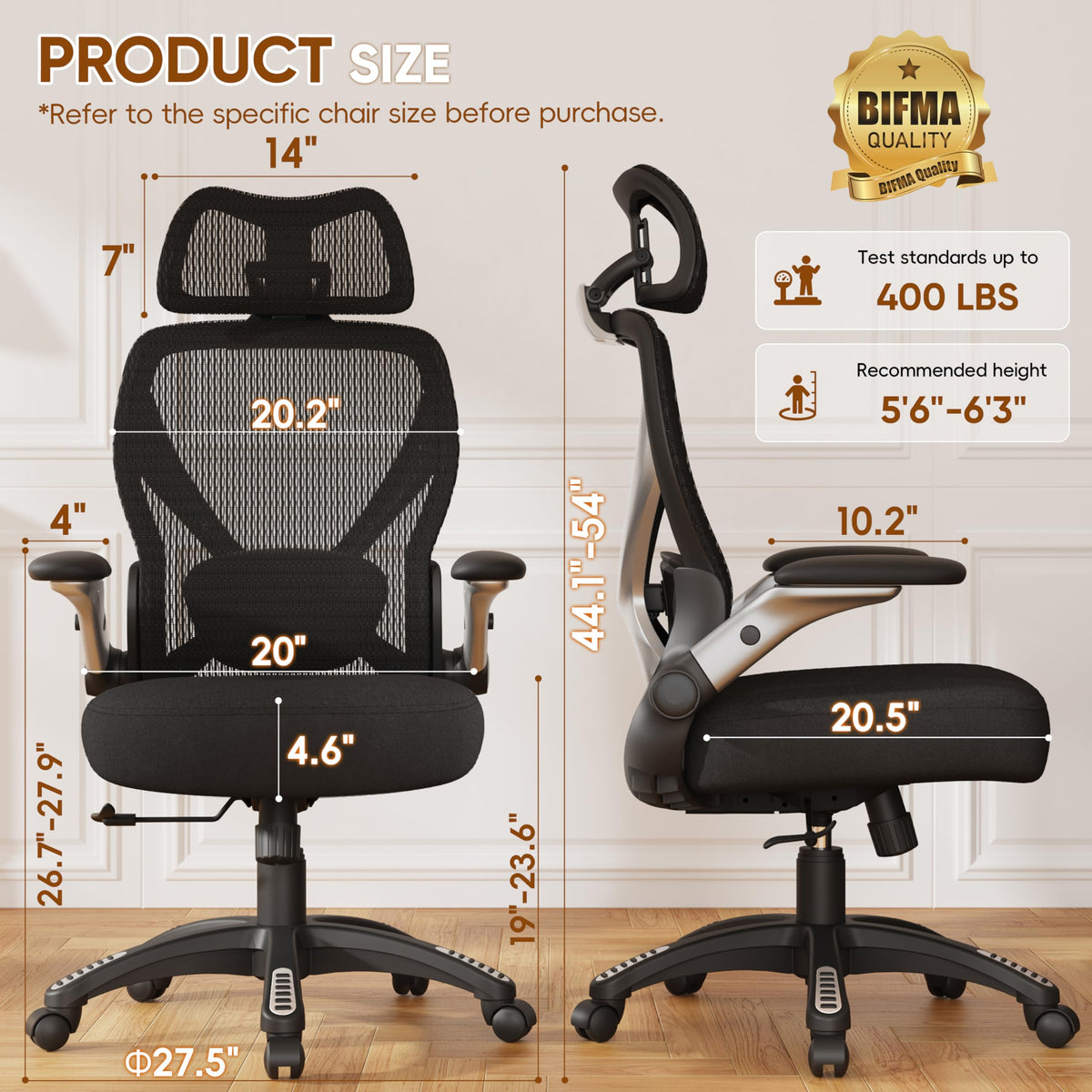 GABRYLLY Ergonomic Office Chair, Big and Tall Mesh Chair with Adjustable Lumbar Support, 5D Arms & Wide Seat, 135° Recline Home Desk Computer Chairs for Work Gaming, Heavy Duty,400LBS - Black