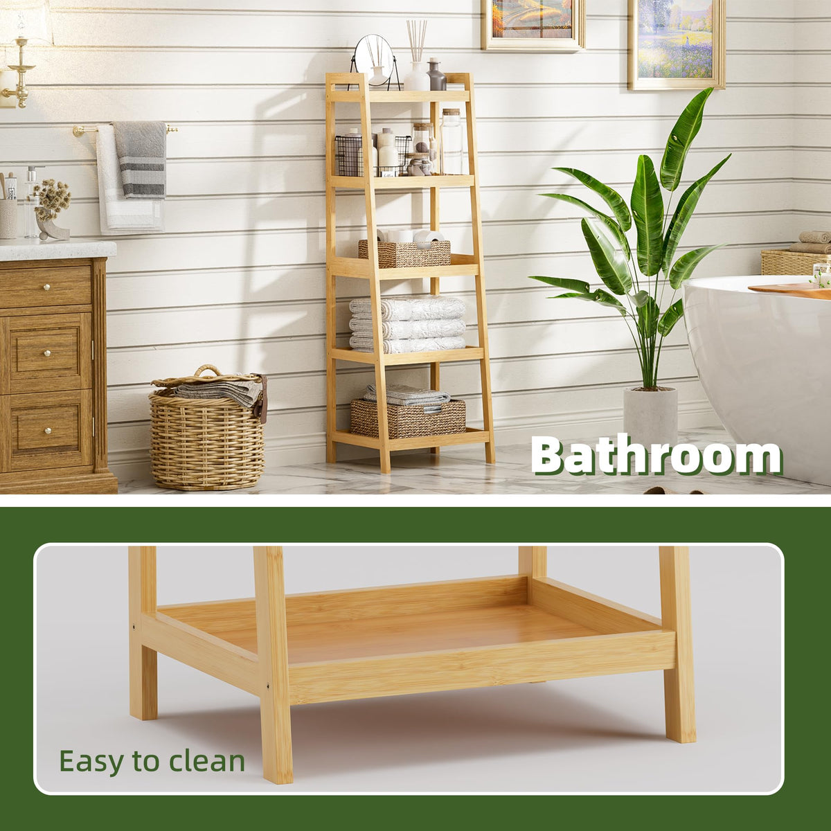 vovala Bookshelf, 5 Tier Ladder Bookcase with Bamboo Frame, Freestanding Tall Narrow Display Plant Shelf for Living Room, Kitchen, Bedroom, Balcony, Natural