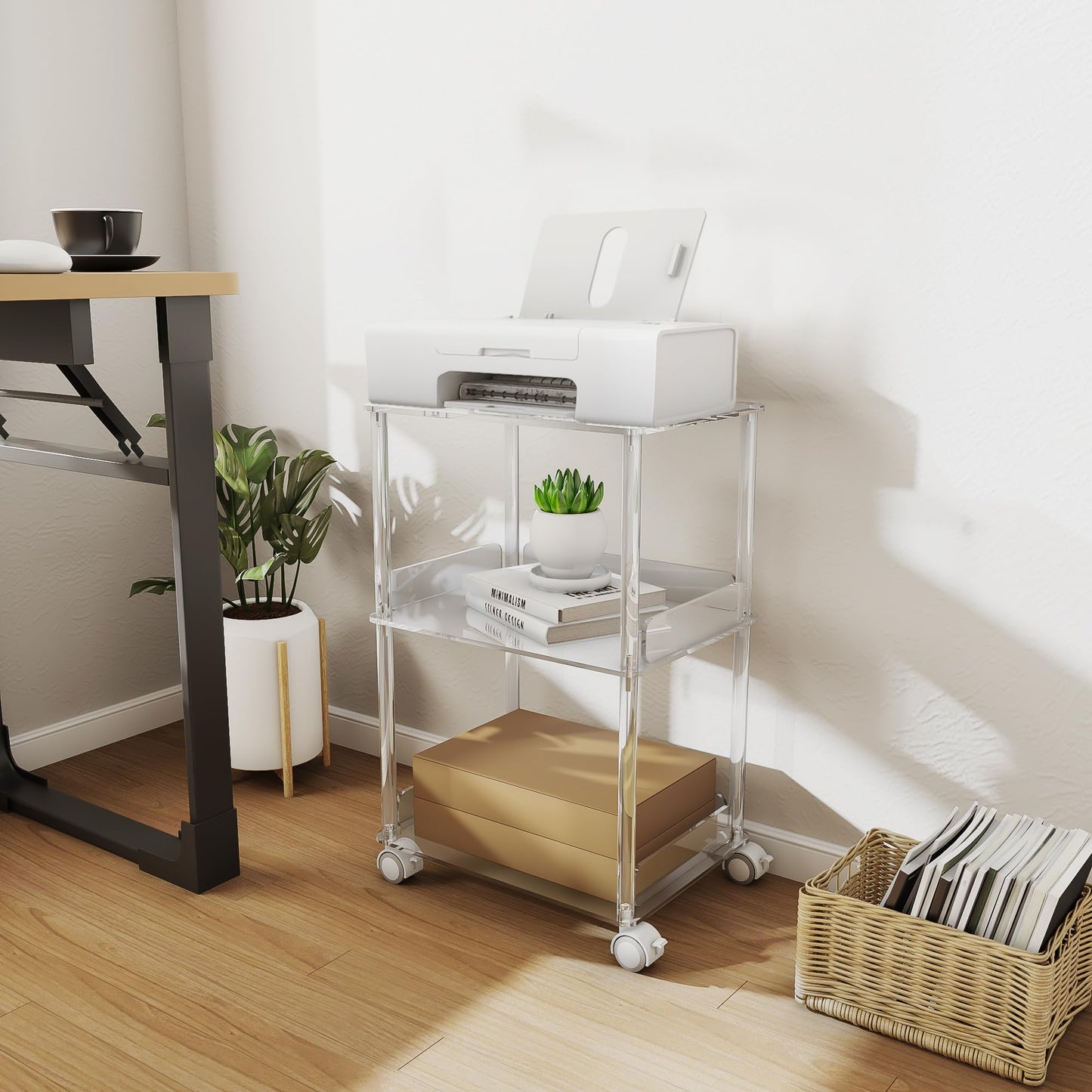 HMYHUM Acrylic Printer Stand, 3 Tier Clear Printer Cart with Lockable Wheels, Multifunctional Printer Table for Office & Home, Modern, 15.7" L x 11.8" W x 24" H