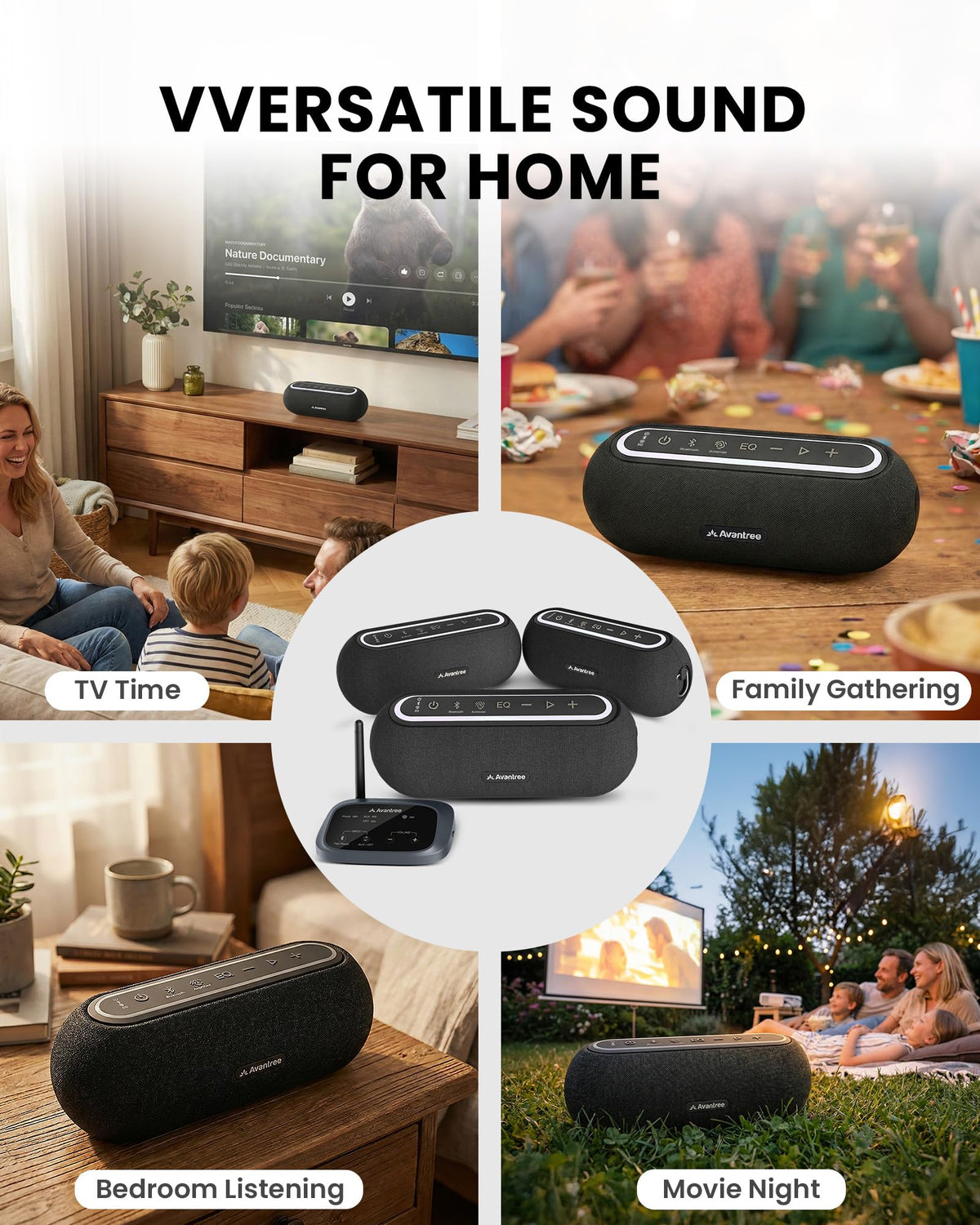 Avantree Harmony A2 – Wireless Auracast Speaker System for Whole-Home Background Audio, Expandable Setup, One-Button Control, Bluetooth/Optical/AUX Input, for Home, Stores & Small Venues