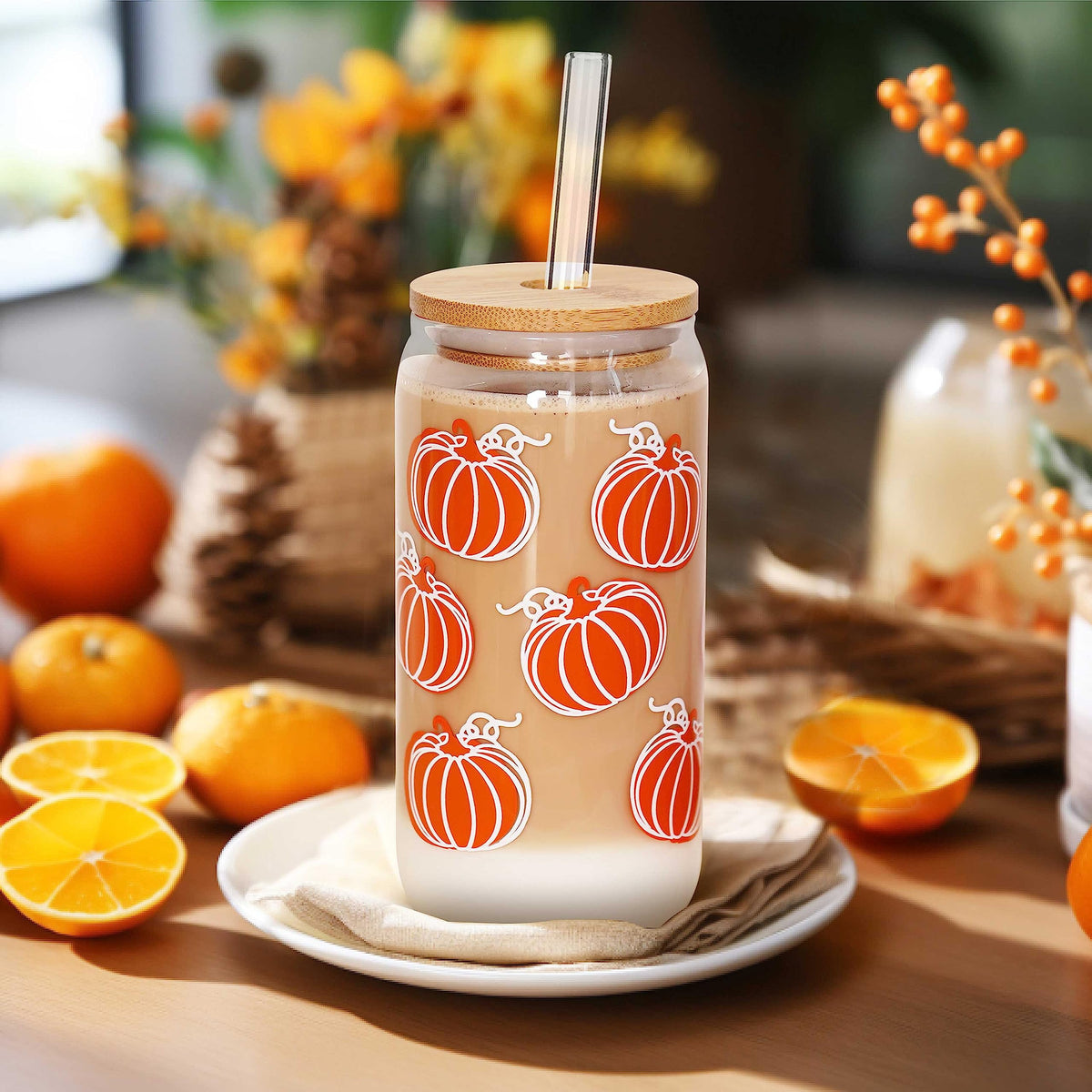 ANOTION Cute Iced Coffee Glass Cups, 18oz Pumpkin Tumbler Set - 4 Packs Fall Mug with Lids and Straws - Fall Wedding Gifts, Thanksgiving Decor, Family Gifts