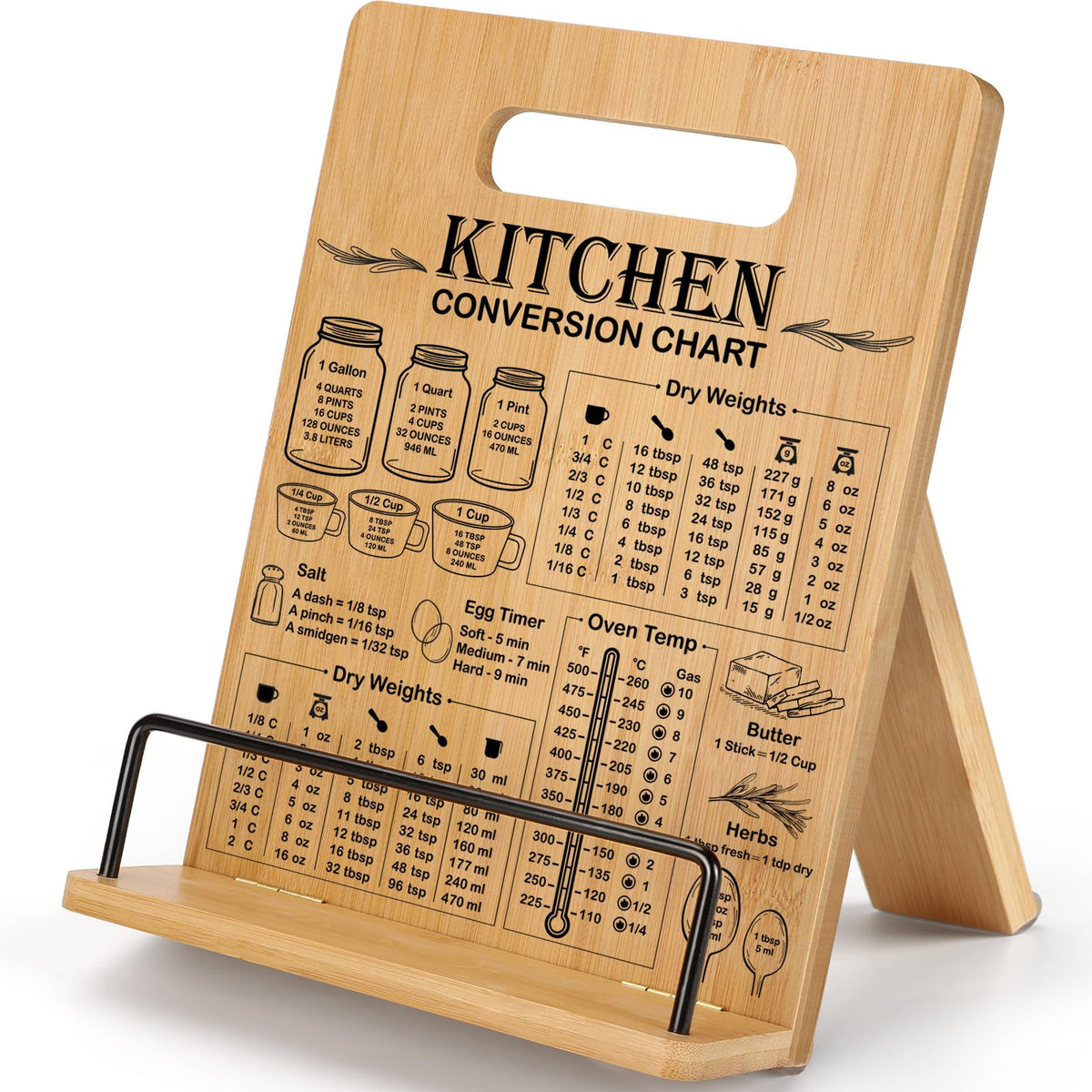 Bamboo Cookbook Stand for Kitchen Counter, Recipe Book Holder with Measurement Conversion Chart, Adjustable Cookbook Holder, Essential Accessories Women Gifts for Birthday Mothers Day