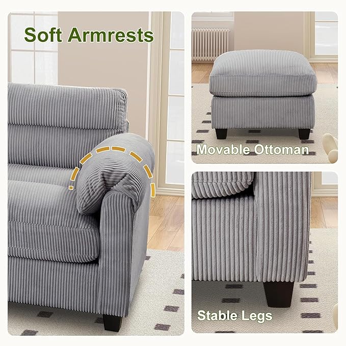 HAOMARKETS Corduroy 4-Piece Sofa Set, Upholstered Ottoman Set of 2, Accent