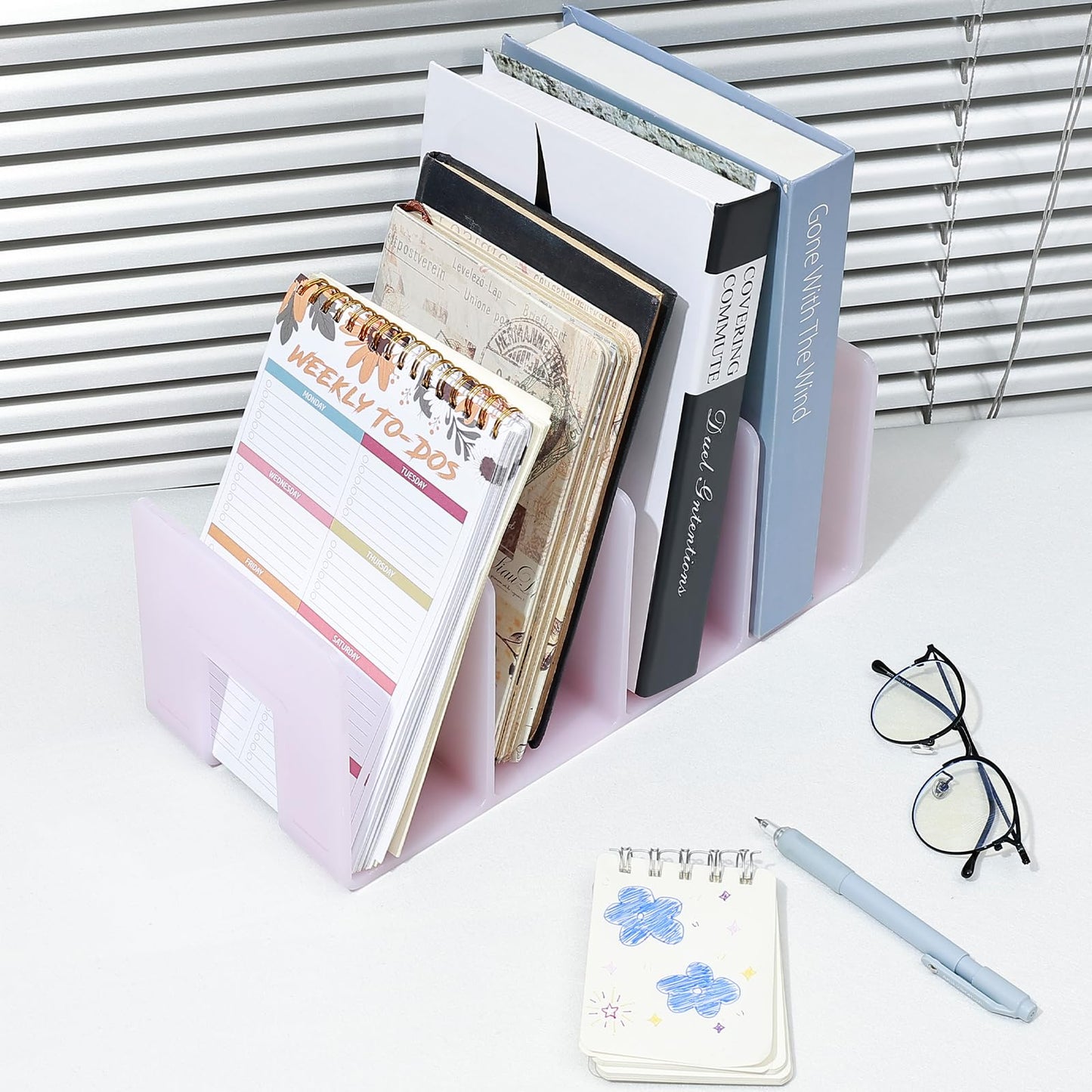 BAYTORY 2Pcs Acrylic File Holder Purse Organizer, Sturdy Desktop File Sorter Organizer, Binder Shelf for Office Desk Kitchen Shelf Closet (Pink)