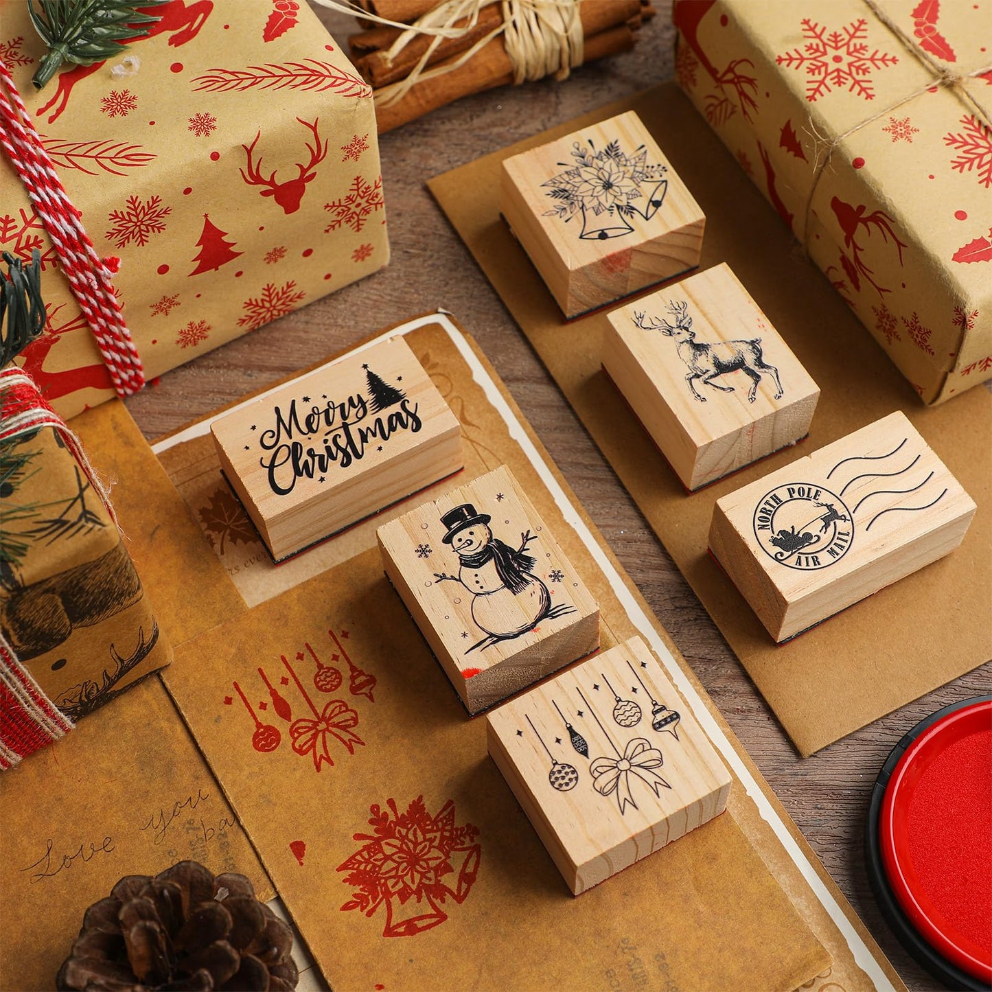 Watersay 6 Pcs Rubber Stamp Set Wooden Rubber Stamp Stamps Vintage Wooden Art Stamps for Crafting and DIY Scrapbooking Card Making Hand Book(Classic)
