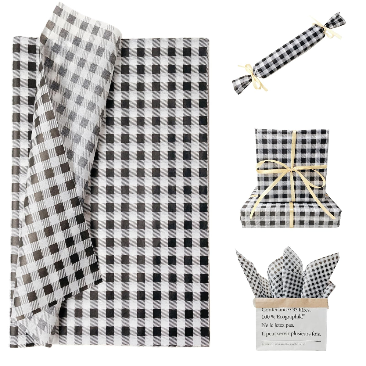 150 Sheets Buffalo Plaid Tissue Paper Gingham Black and White Checkered Tissue Paper Bulk Gift Bags Wrapping Tissue for Christmas DIY Art Craft Wedding Birthday Baby Shower Decor, 14 x 20 Inches