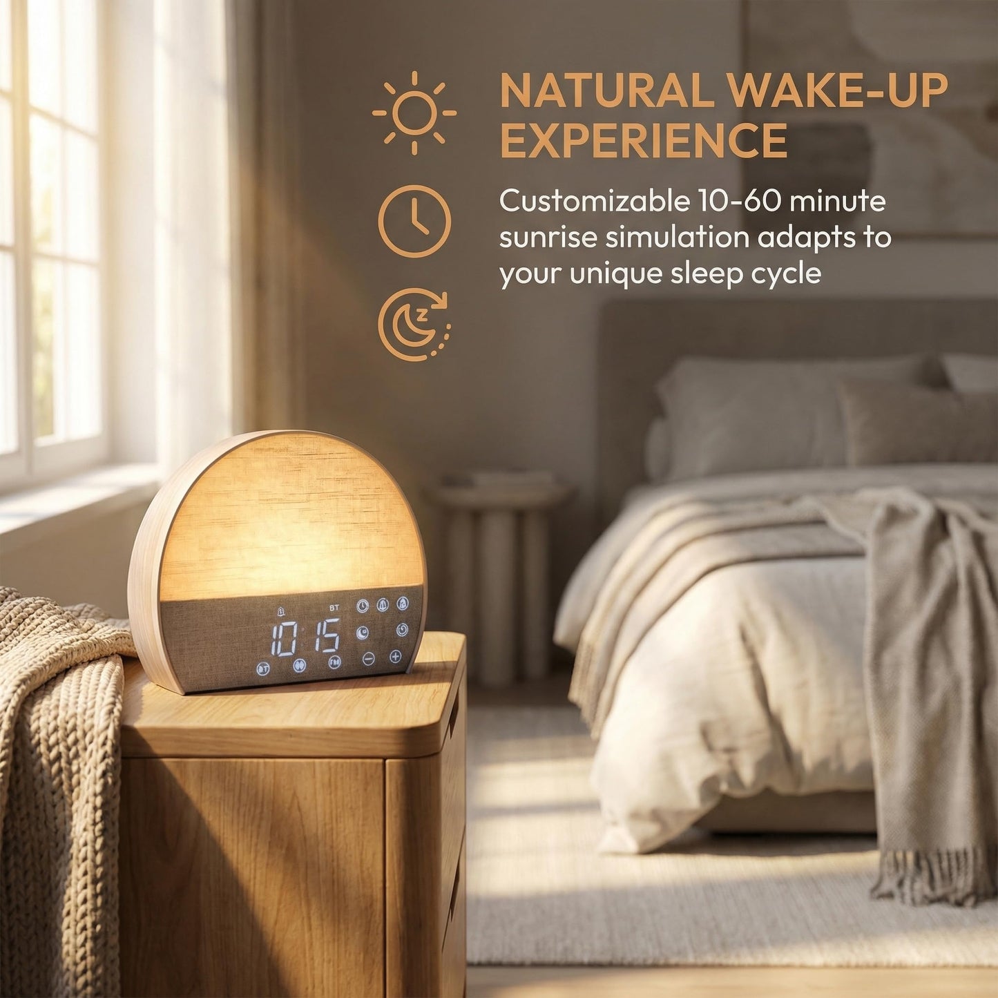 PAWPAWSEN Sunrise Alarm Clock with Bluetooth Speaker & FM Radio - Dual Wake Up Light, 30 Soothing Sounds, Sunset Sleep Aid, Minimalist Aesthetic for Heavy Sleepers, Kids & Bedroom Decor