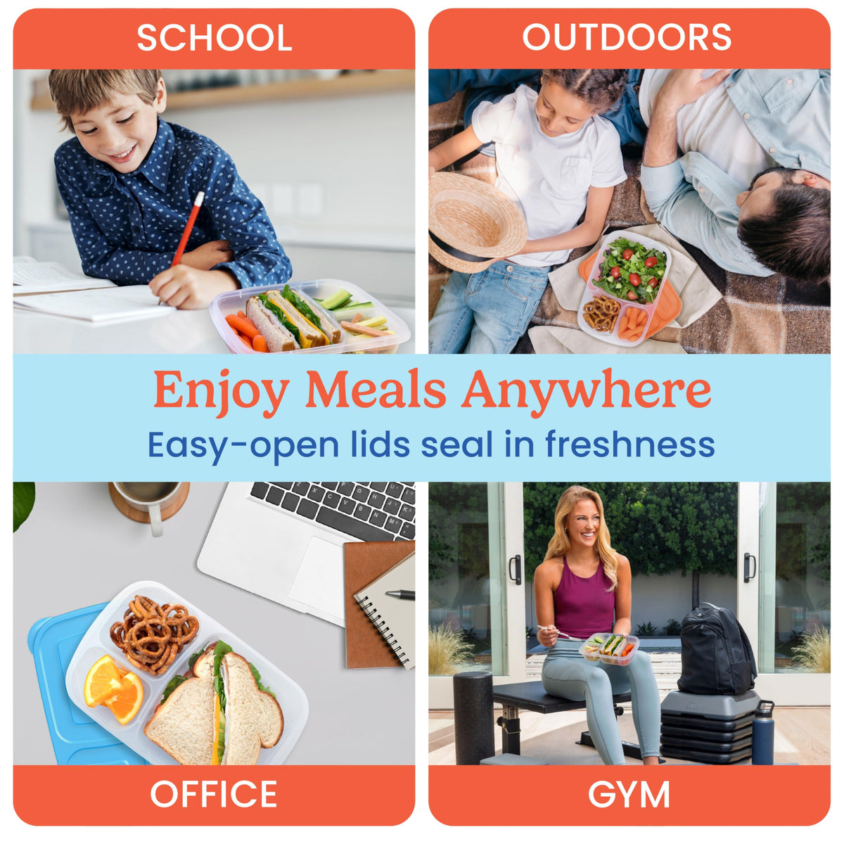 Bentgo Easyboxes - Original Stackable Lunch Boxes - Reusable 3-Compartment Food Containers for Kids and Adults - Bento Lunch Box for Meal Prep, School, & Work - BPA Free, Set of 4 (Classic)