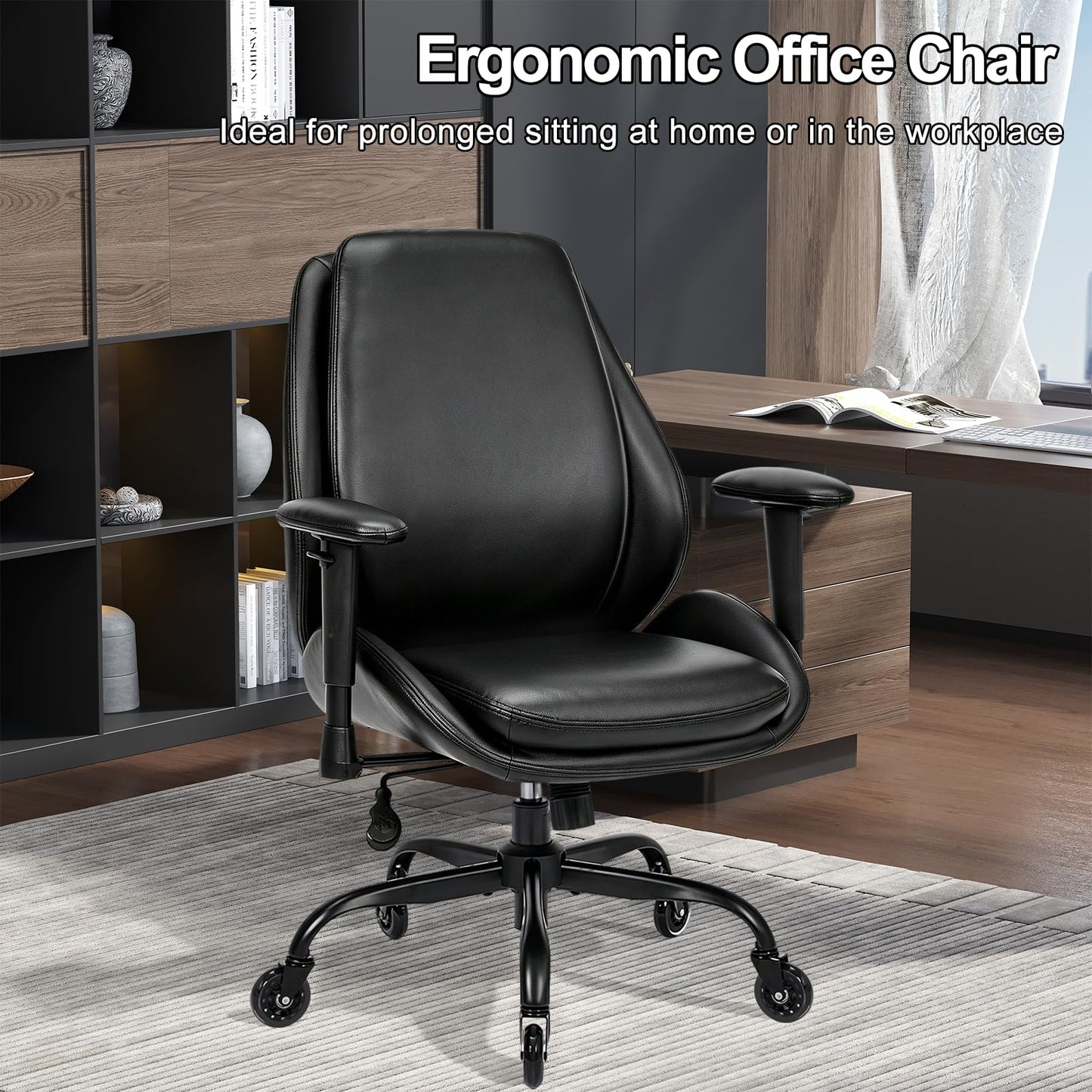 BEWISHOME Office Chair with Rubber Wheels, Big and Tall Office Chair, Ergonomic Office Chairs, Executive Desk Chair, Black PU Leather Computer Comfy Chairs with Lumbar Support, Adjustable Armrests