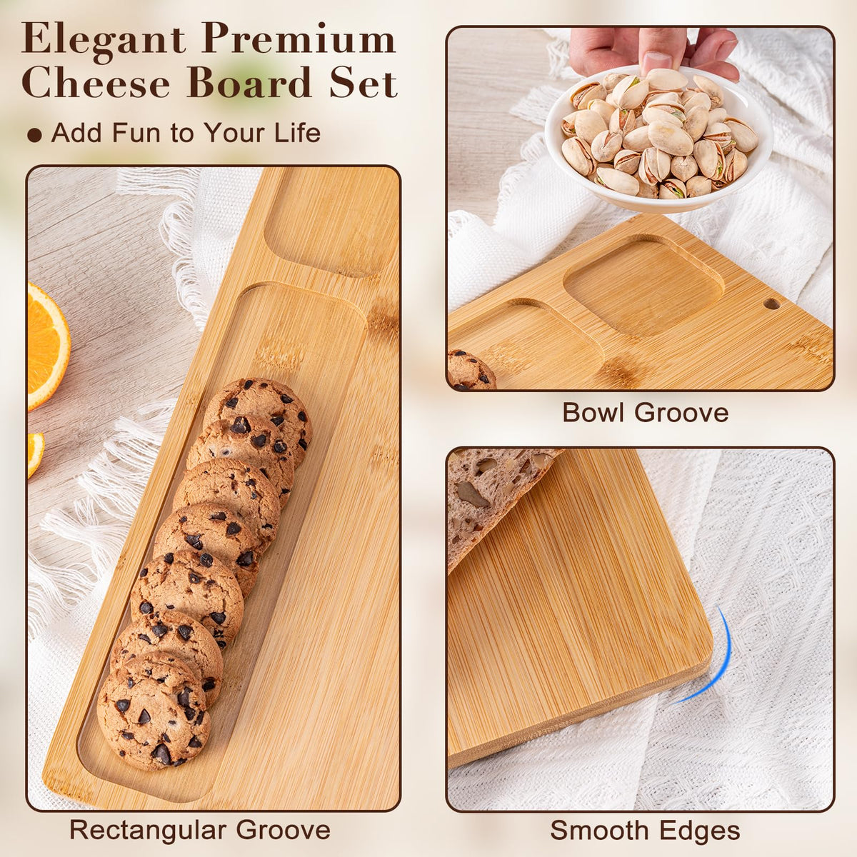 AISOSO Charcuterie Boards, Personalized Bamboo Cheese Board Set with 4 Cheese Knife, Lightweight and Elegant Serving Platter Accessories for Entertaining Party Picnic, Housewarming and Wedding