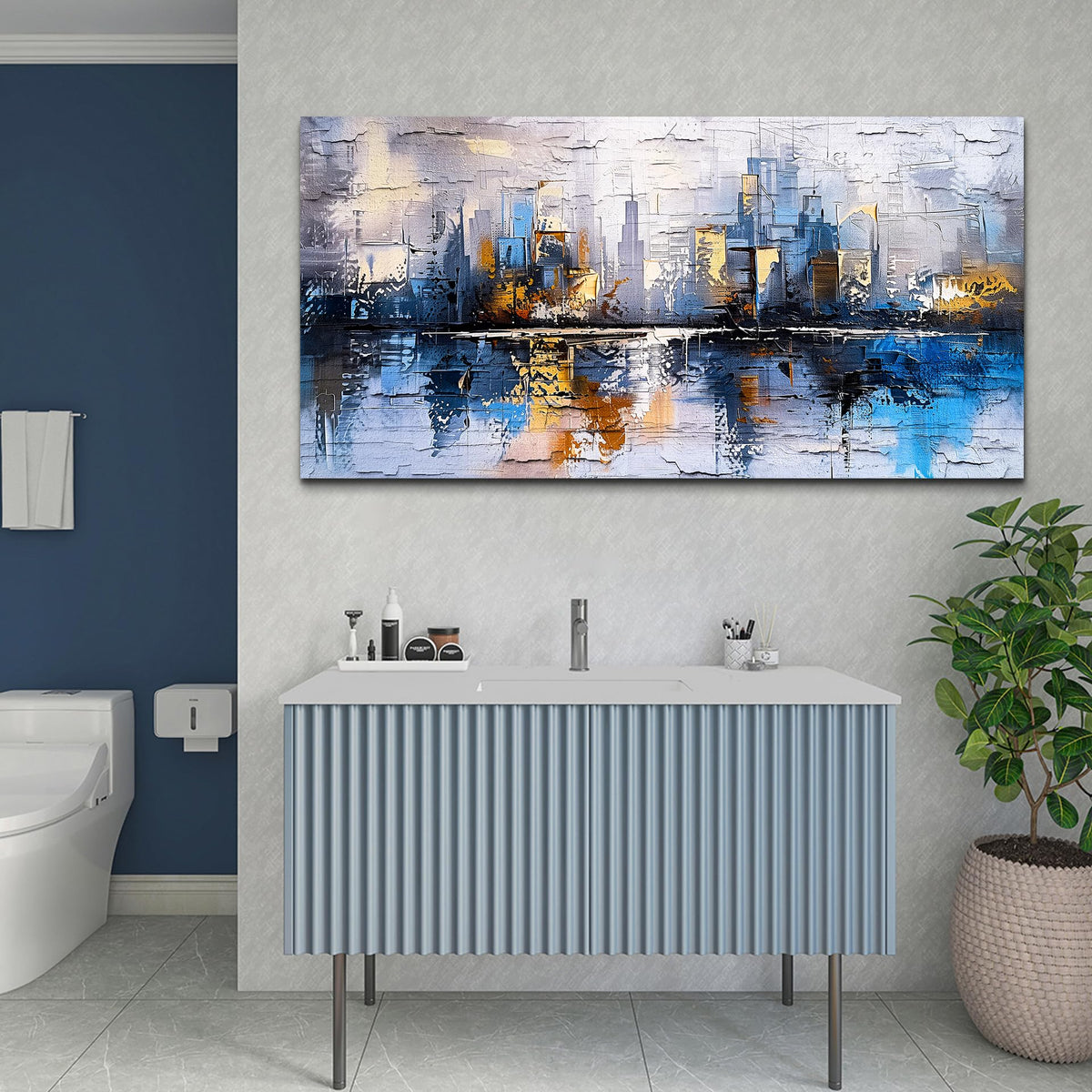 KELIYUAN Abstract City Oil Painting Large Home Decor Mural Living Room Bedroom Modern Printed Canvas Wall Art Yellow Blue Graffiti Mural Office Corridor Can Be Directly Hung Wall Decor 24 X 48 In
