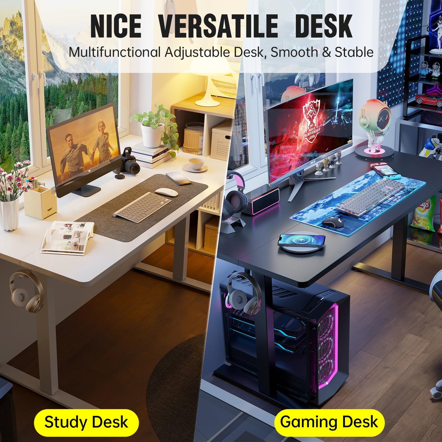 Veken 63x27.6 Inch Large Electric Standing Desk, Heights Adjustable,Sit to Stand Up, Work Home Office Computer Table for Walking Pad, Gifts for Dad, Wooden Desktop Desks, White