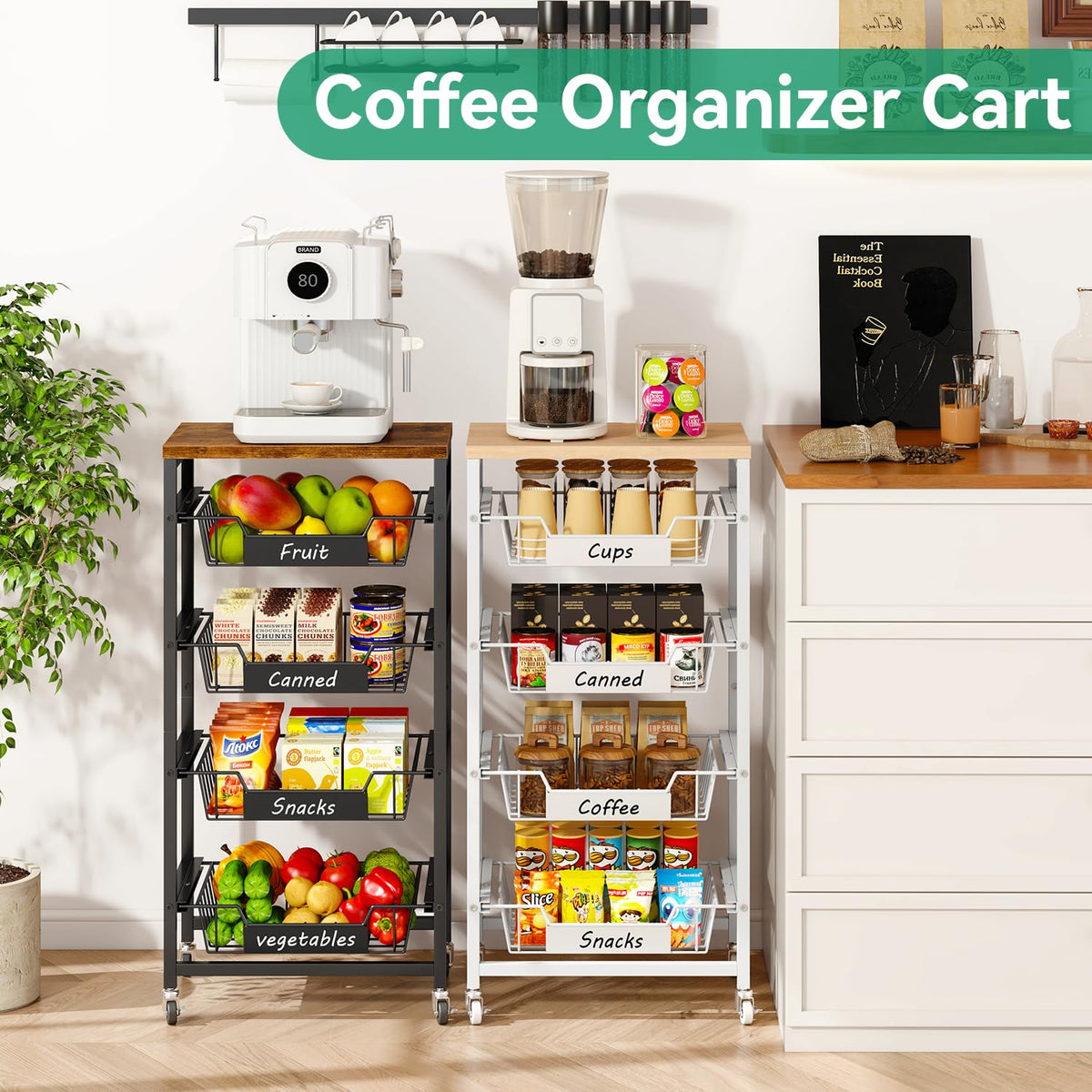 IBUYKE Kitchen Fruit Vegetable Storage Cart with Drawers,Metal Rolling Utility Cart with Fruit Basket and Wooden Top,Rolling Snack Kitchen Cart for Bedroom,Pantry,Office,Rustic Brown UTLJ026H