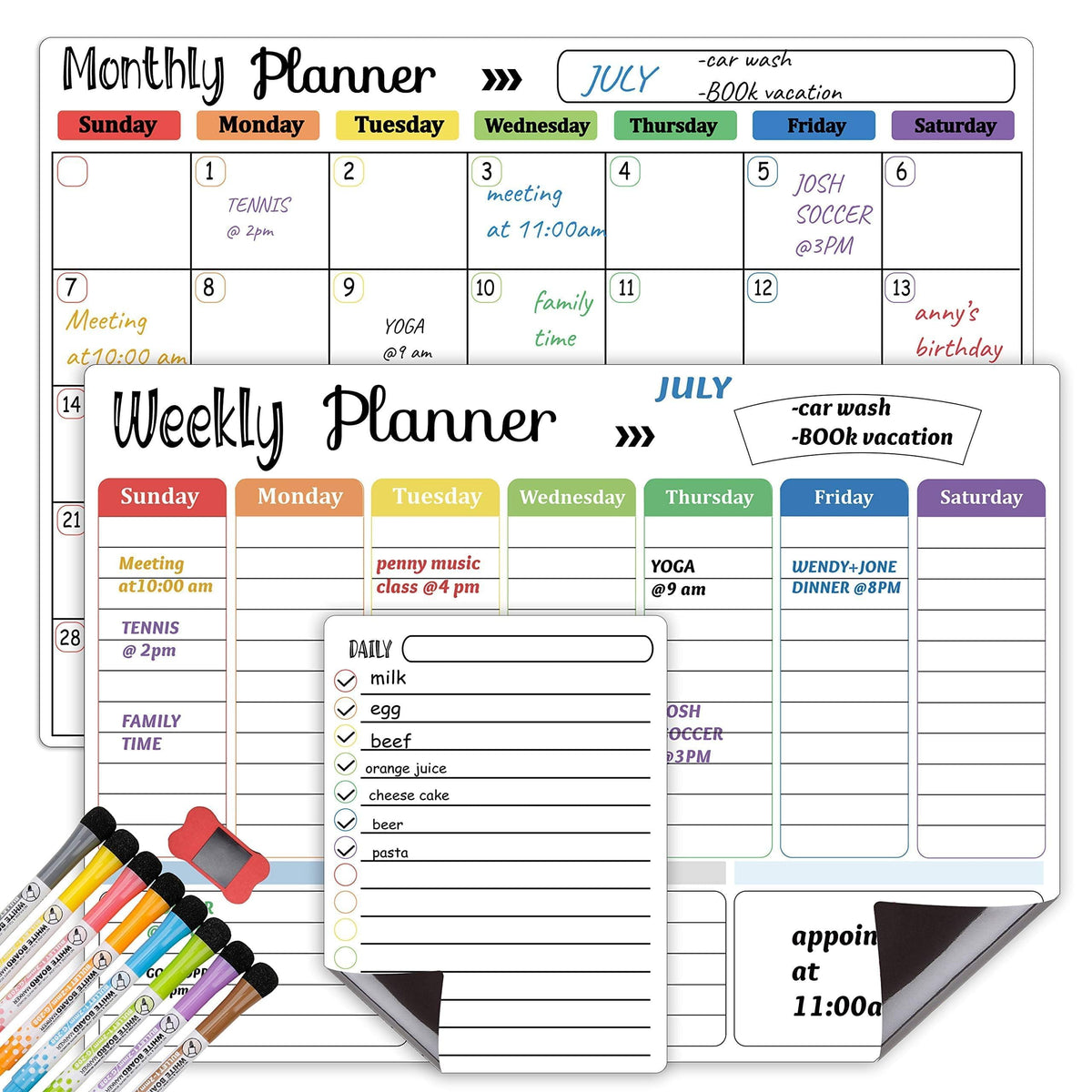 Hivillexun Magnetic Dry Erase Calendar Whiteboard Set (3-Pack) for Fridge, Wall, and Refrigerator Organization – Monthly, Weekly, and Daily Planners with 8 Markers and Eraser