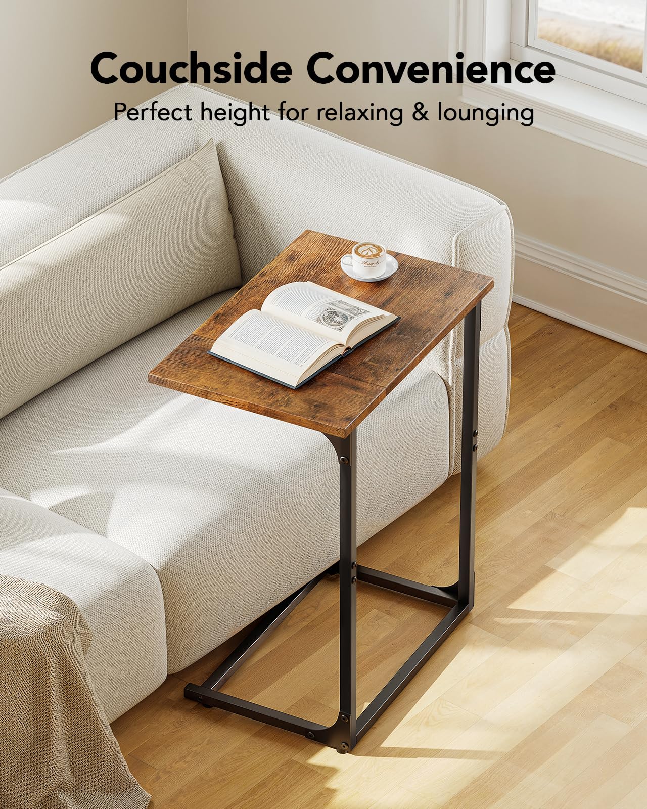 Pipishell C-Shaped Side Table, C Table for Sofa with Two-Piece Desktop & Metal Frame, Large Surface End Table for Living Room, Bedroom, Bedside, Rustic Design