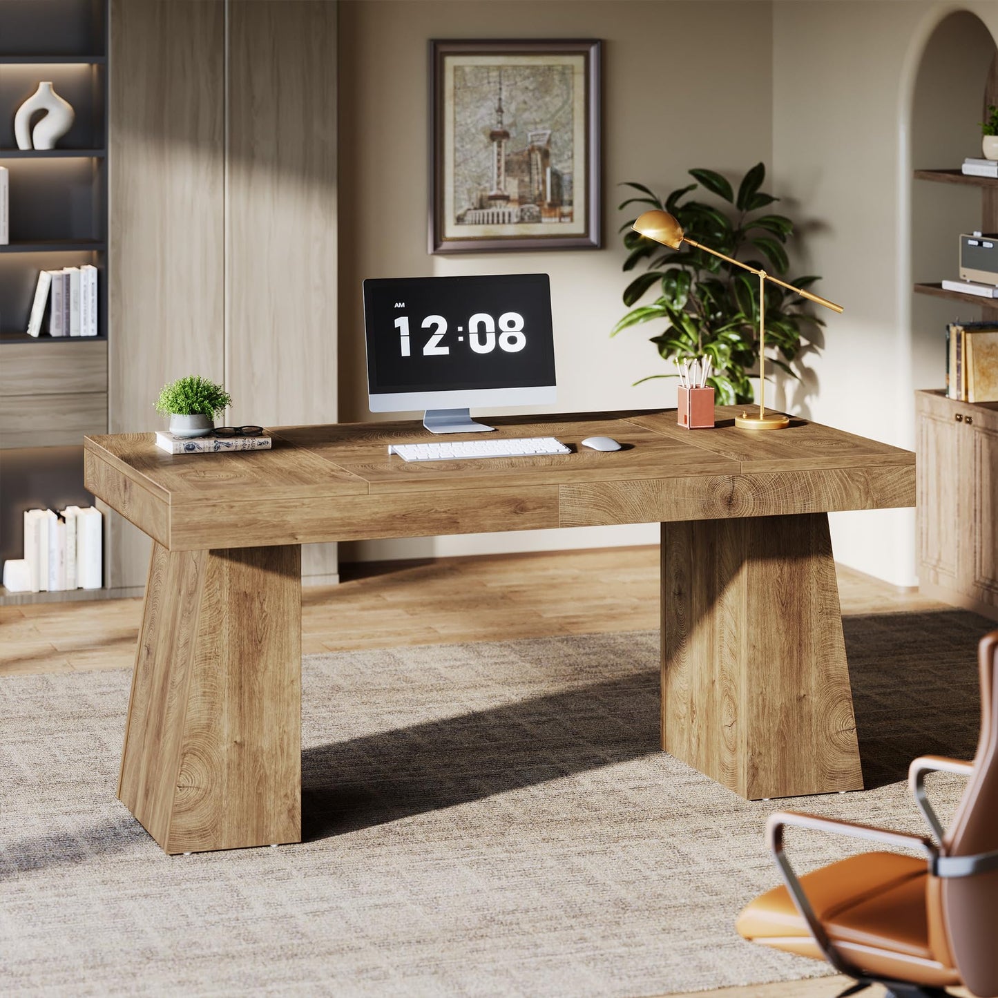 Tribesigns 55-Inch Executive Desk, Thick Wood Office Computer Desk with Double Pedestal, Modern Minimalist Workstations Writing Table Conference Table Furniture for Home Office, Light Brown