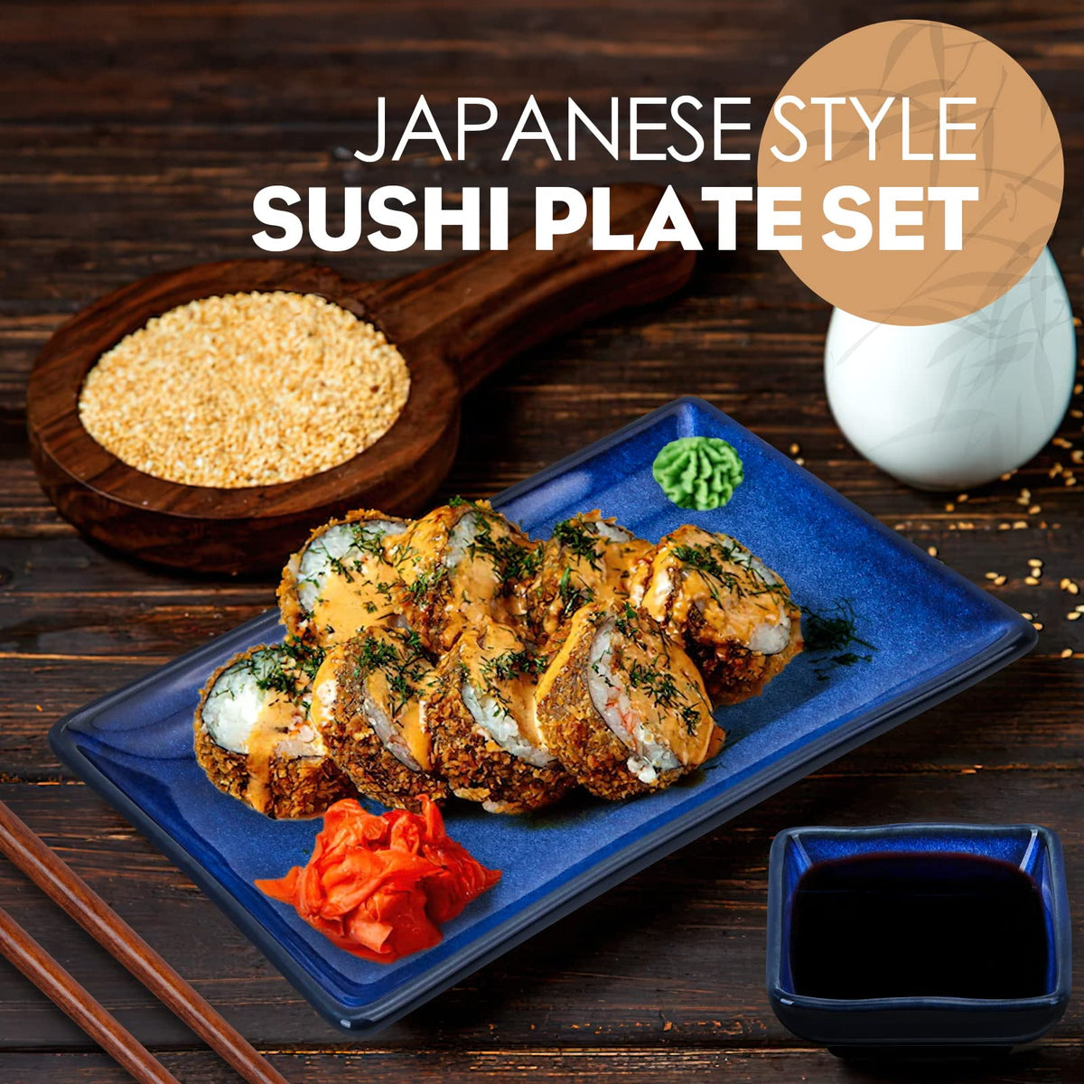 uniidea Ceramic Sushi Serving Tray Sets 2, 6 Pieces Japanese Style Porcelain Sushi Plate Set with Soy Sauce Dishes, Bamboo Chopsticks Housewarming Gift, Blue