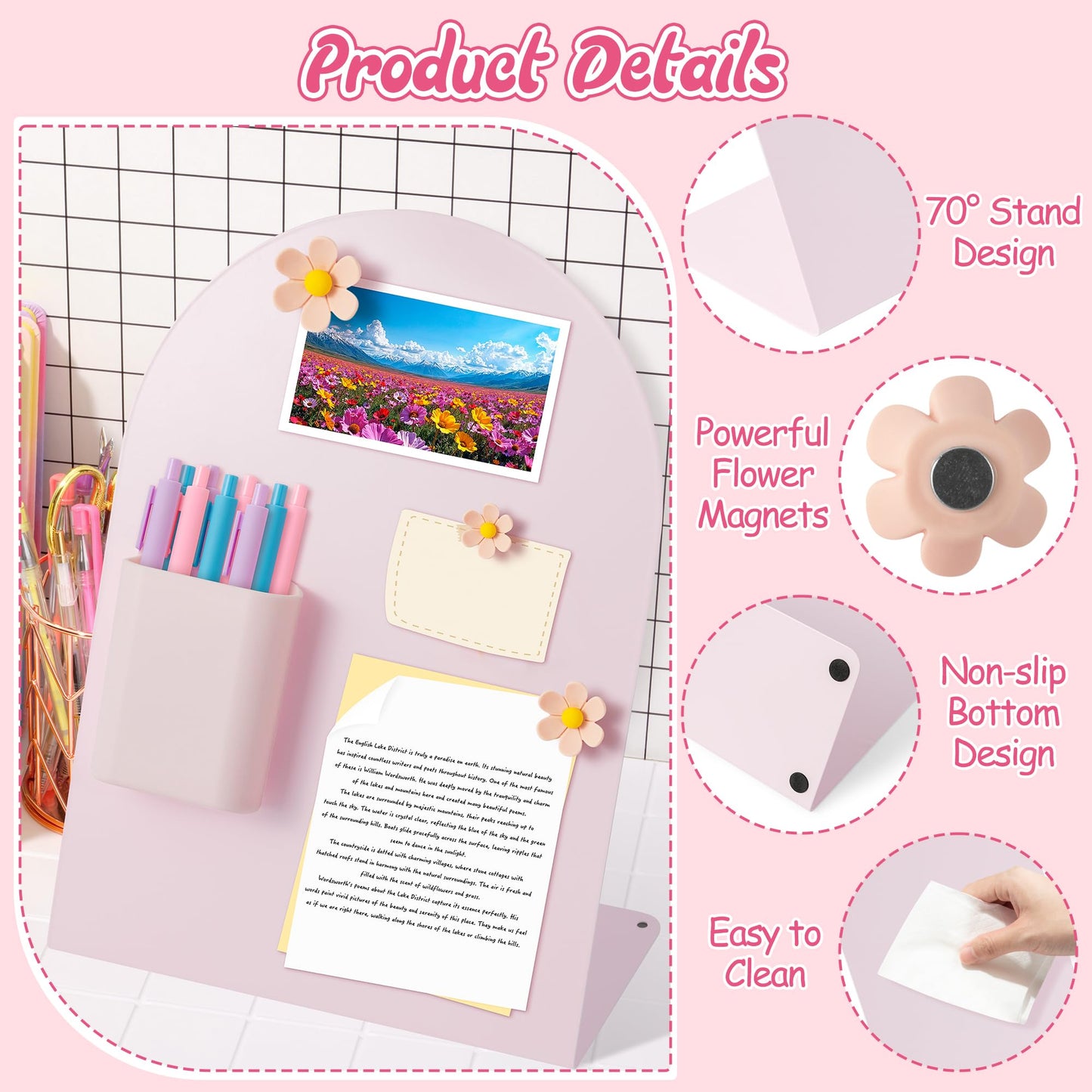 GQIRIL Magnetic Bulletin Board for Tabletops - 2 Pack Metal Magnet Display Memo Note Souvenir Boards with Stand, 12 Flower Pins and 2 Pen Holders for Home Office School Kitchen Table Desk (11"×7.9")