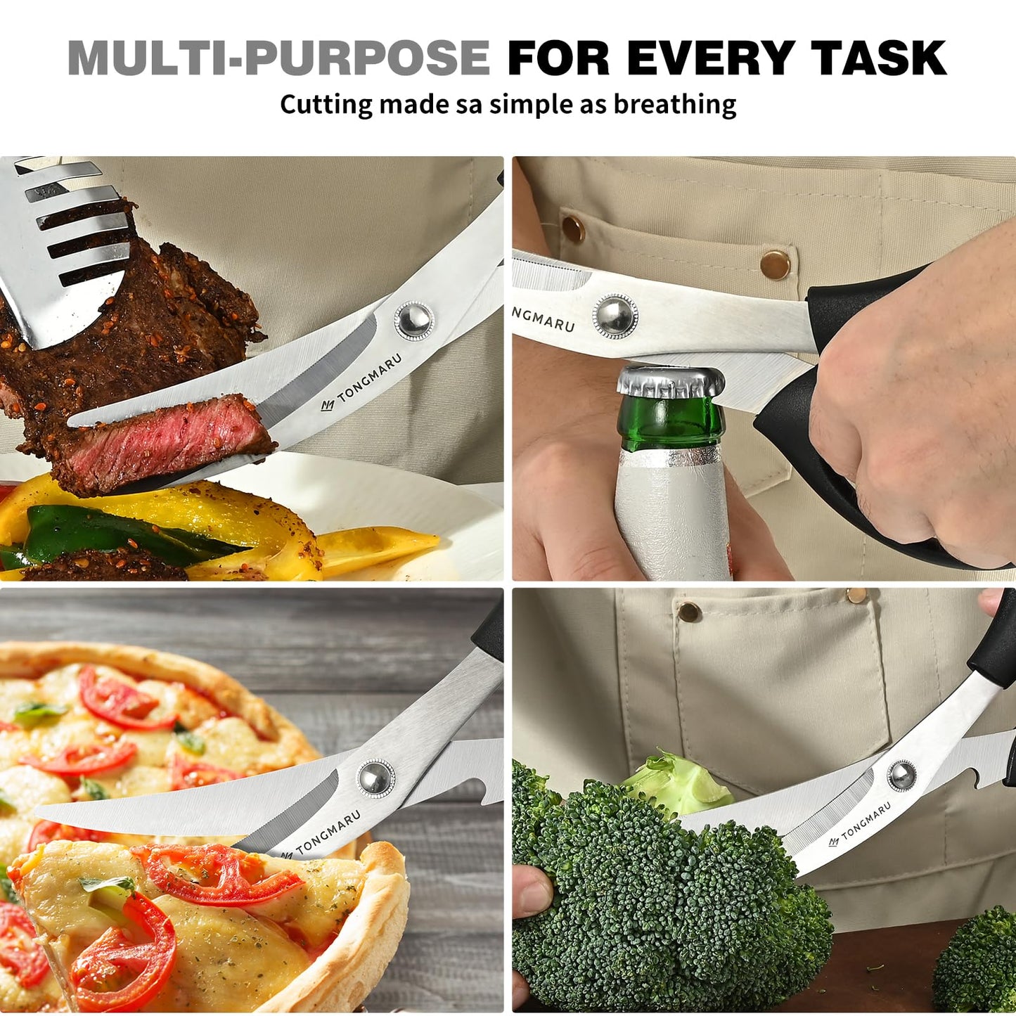 Heavy Duty BBQ Shears, Super Sharp All Purpose Kitchen Poultry Shears, Korean Barbeque Scissors with Anti-slip Handle, Serrated Blades with Bottle Opener function