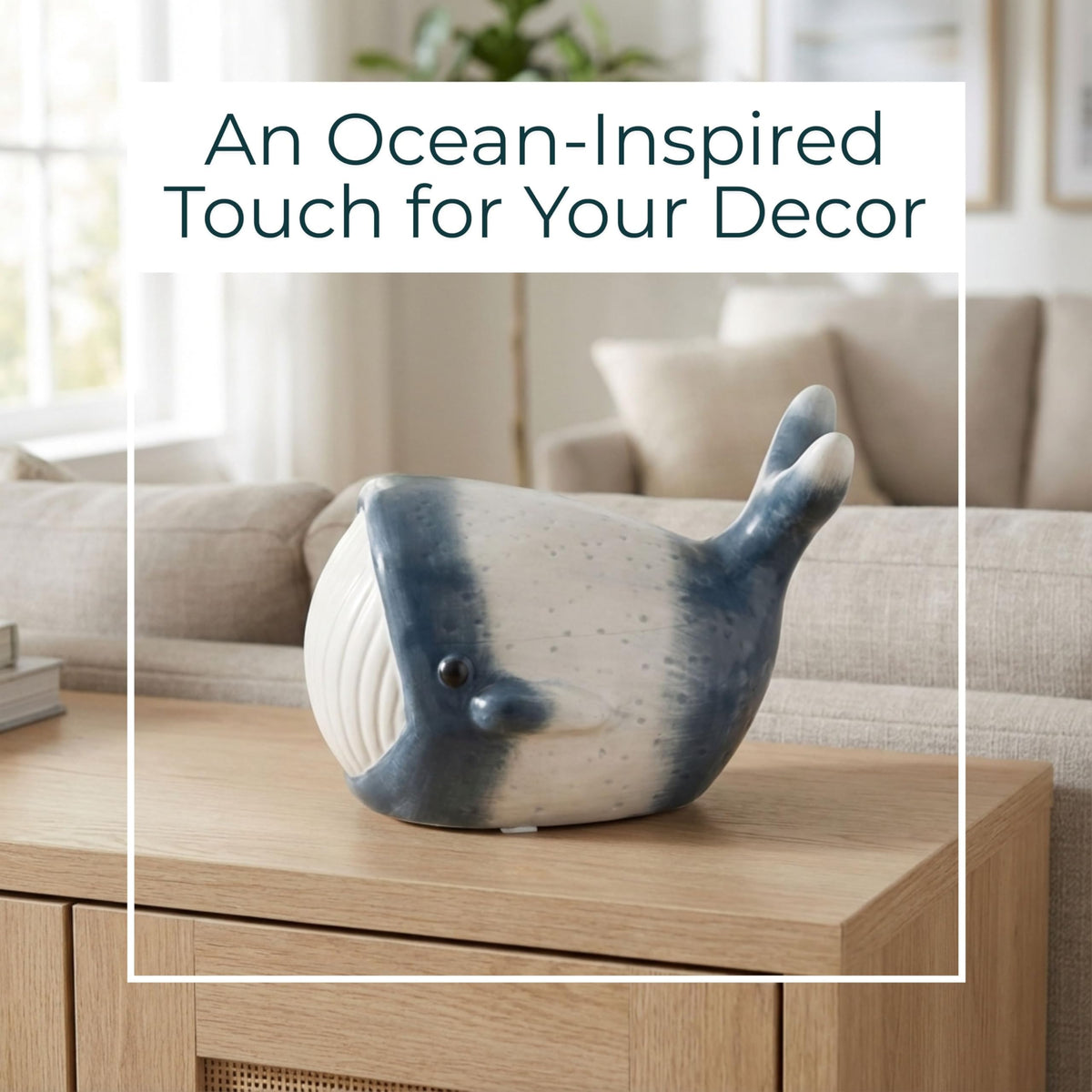 Blue Whale Figurine – Coastal Stoneware Sculpture, Ocean Animal Ceramic Statue for Shelf or Coffee Table Display, Nautical Accent for Living Room or Office Home Decor – 5", Blue & White