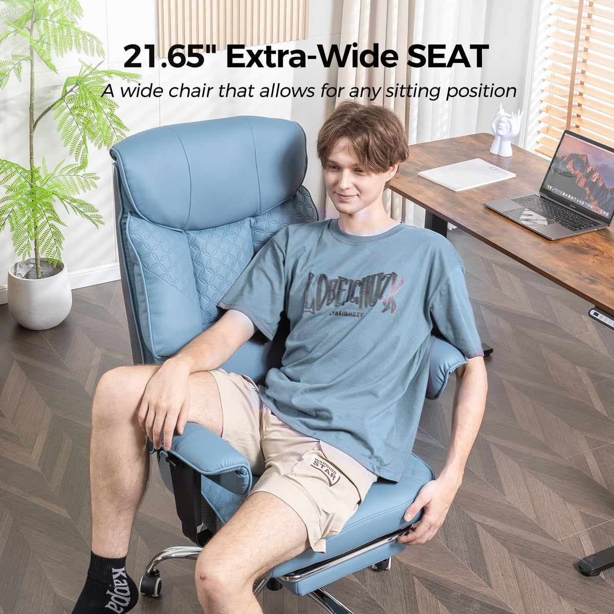 GTPLAYER Big and Tall Office Chair, High Back Computer Gaming Chair with Ergonomic Lumbar Support &Pocket Spring Cushion for Lower Back Pain Relief, Leather Executive Chair with Foot Rest, Blue